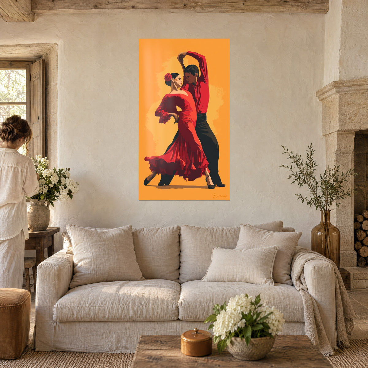 Wall art flamenco dancing couple, red ruffled dress and orange background, a woman seen from behind, above a sofa in a bright living room