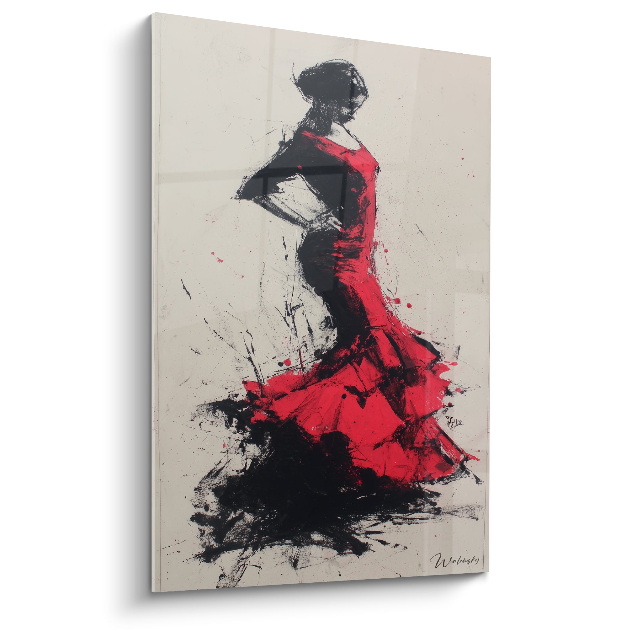 Danseuse de flamenco en robe rouge vif et noire, posture cambrée, style encre projetée expressive