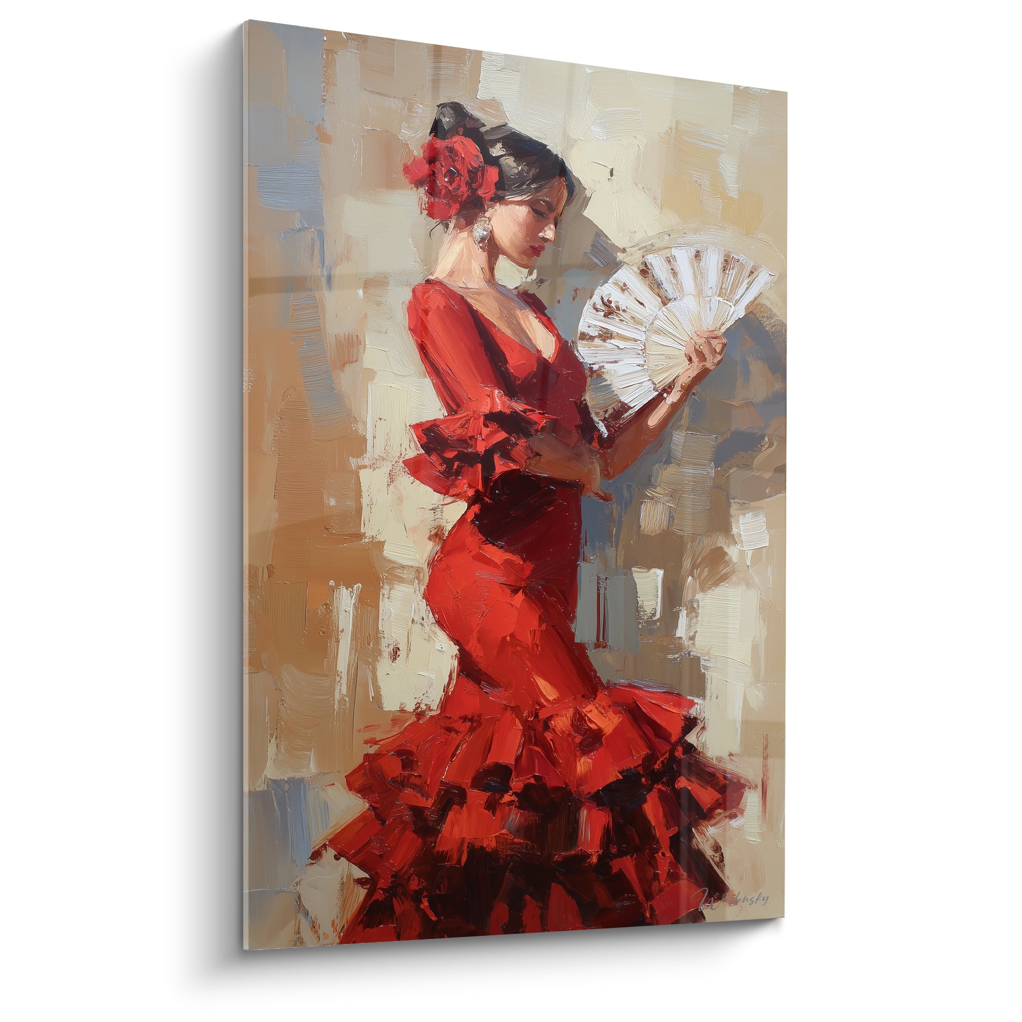 Danseuse de flamenco en robe rouge tenant un éventail blanc, fond beige et ocre texturé