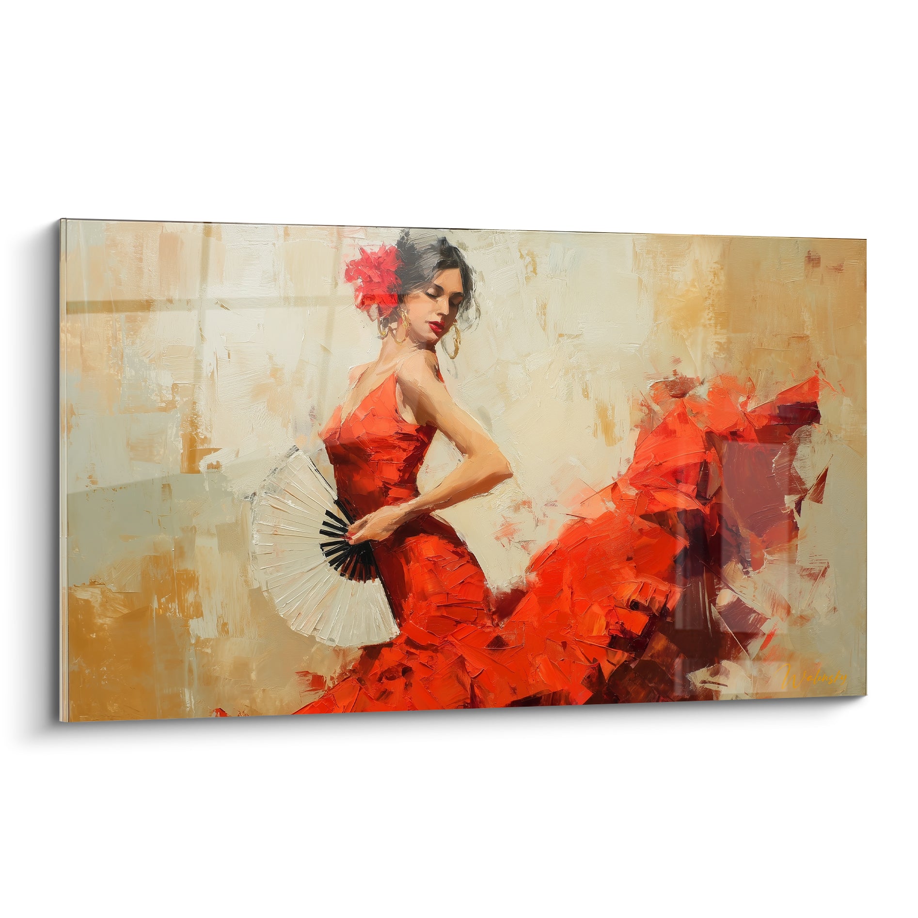 Danseuse espagnole en robe rouge fauve, éventail blanc, fond ocre et beige texturé au couteau
