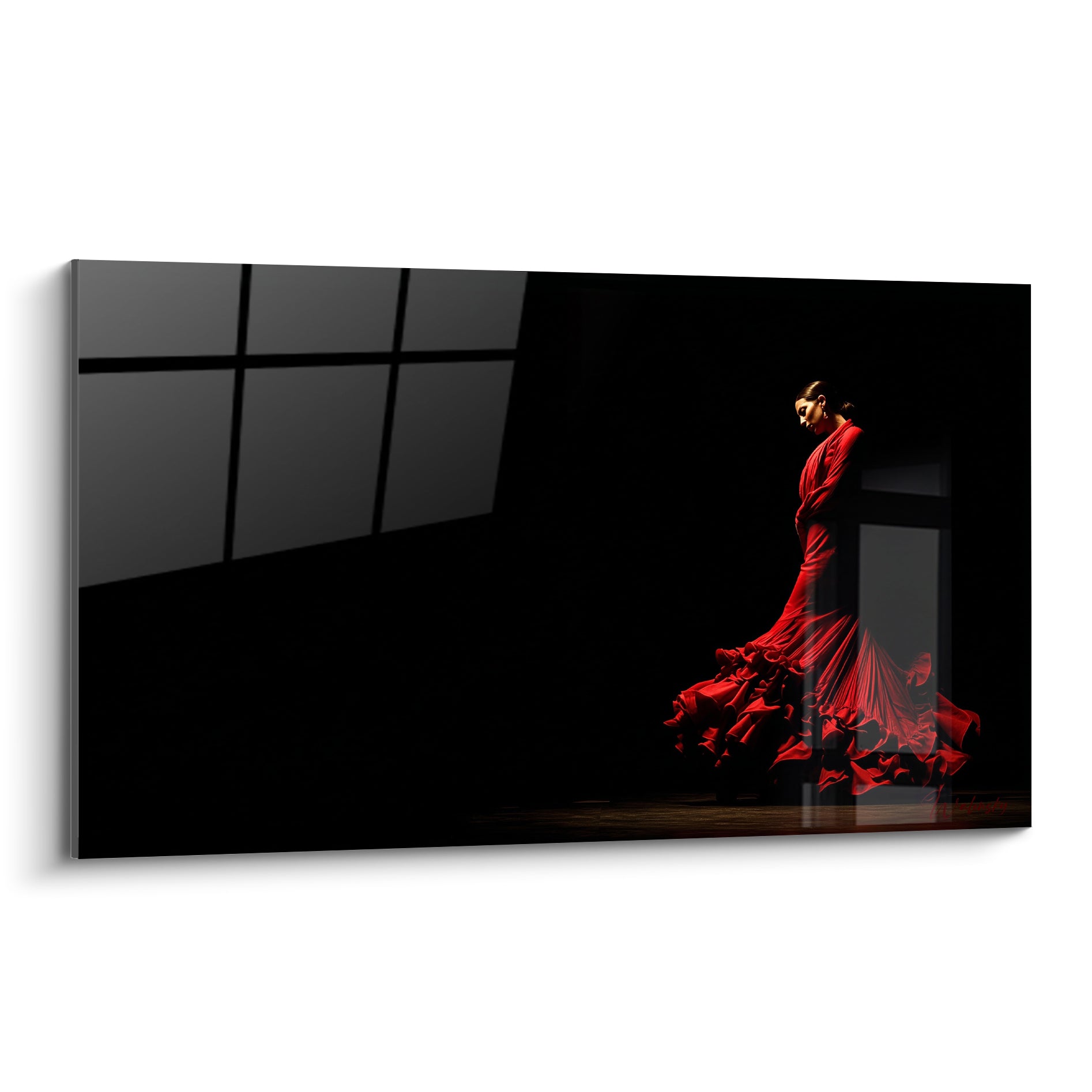 Danseuse flamenco en robe rouge virevoltante sur fond noir profond, éclairage dramatique