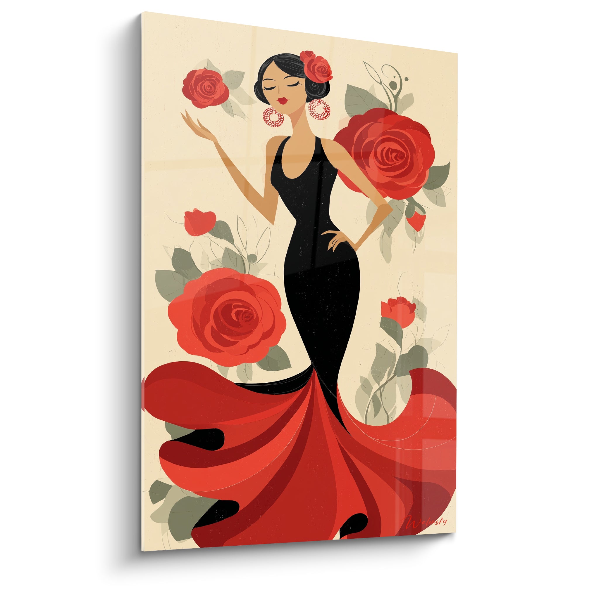 Danseuse espagnole en robe noire et jupon rouge parmi des roses sur fond ivoire