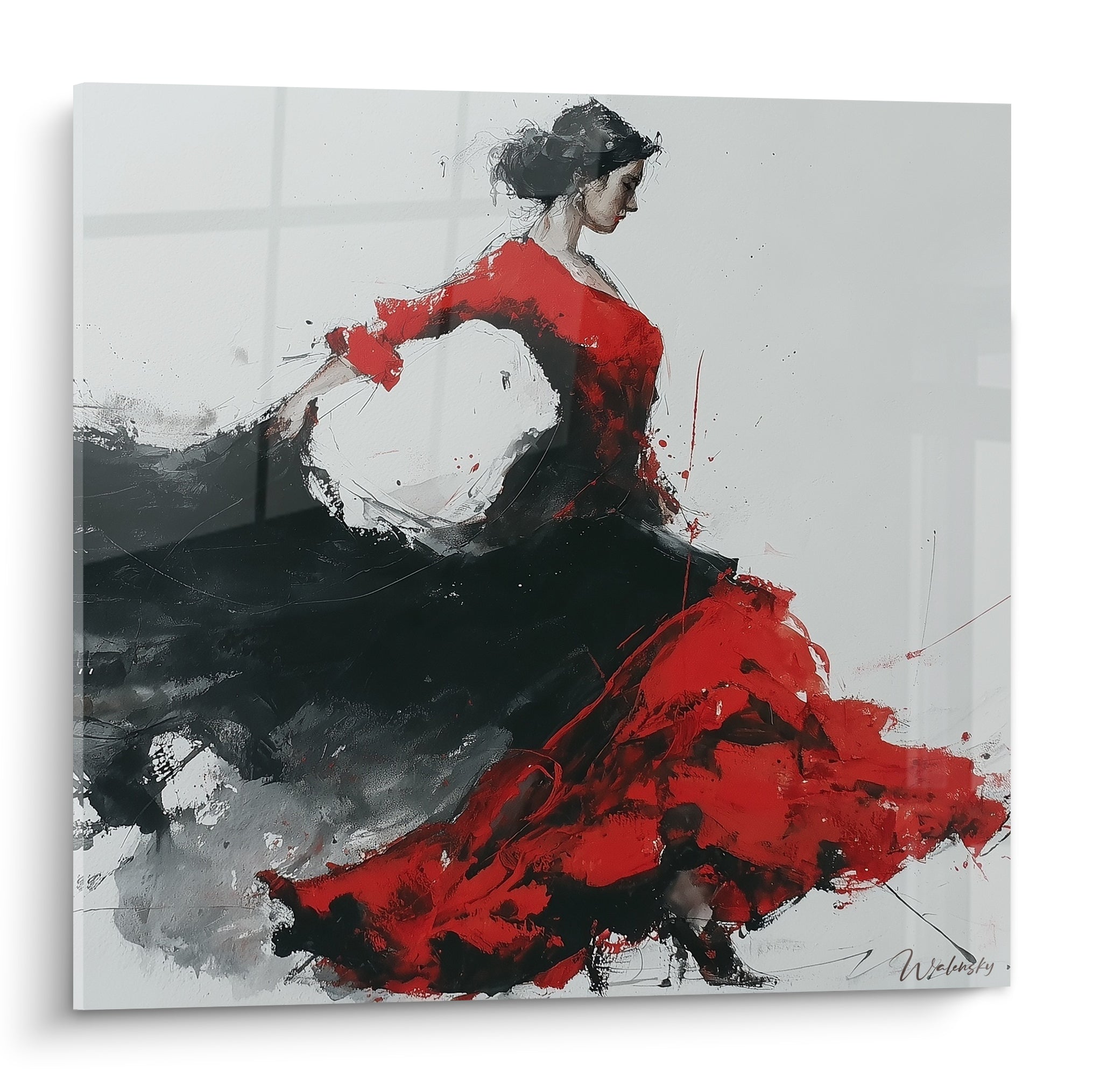 Danseuse de flamenco en robe rouge et noire, mouvement vif sur fond blanc épuré