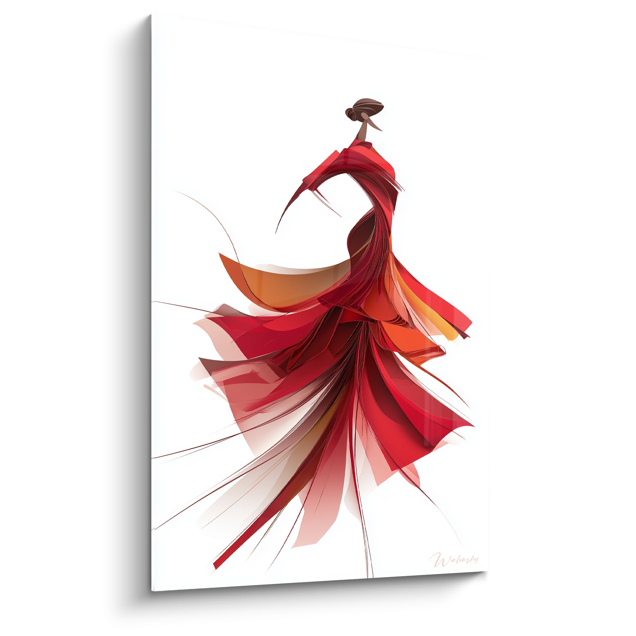 Danseuse de flamenco en robe rouge et orangée figée dans un tourbillon sur fond blanc épuré