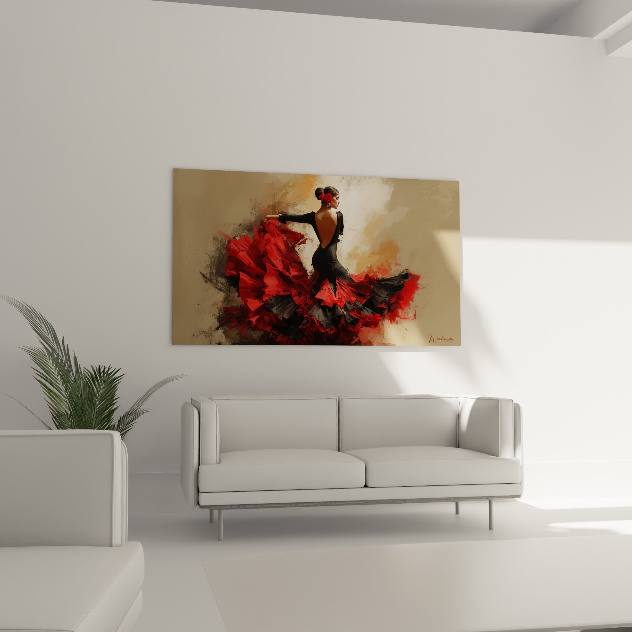 Rose rouge dans les cheveux et robe noire échancrée d'une danseuse, au-dessus d'un canapé dans un salon lumineux