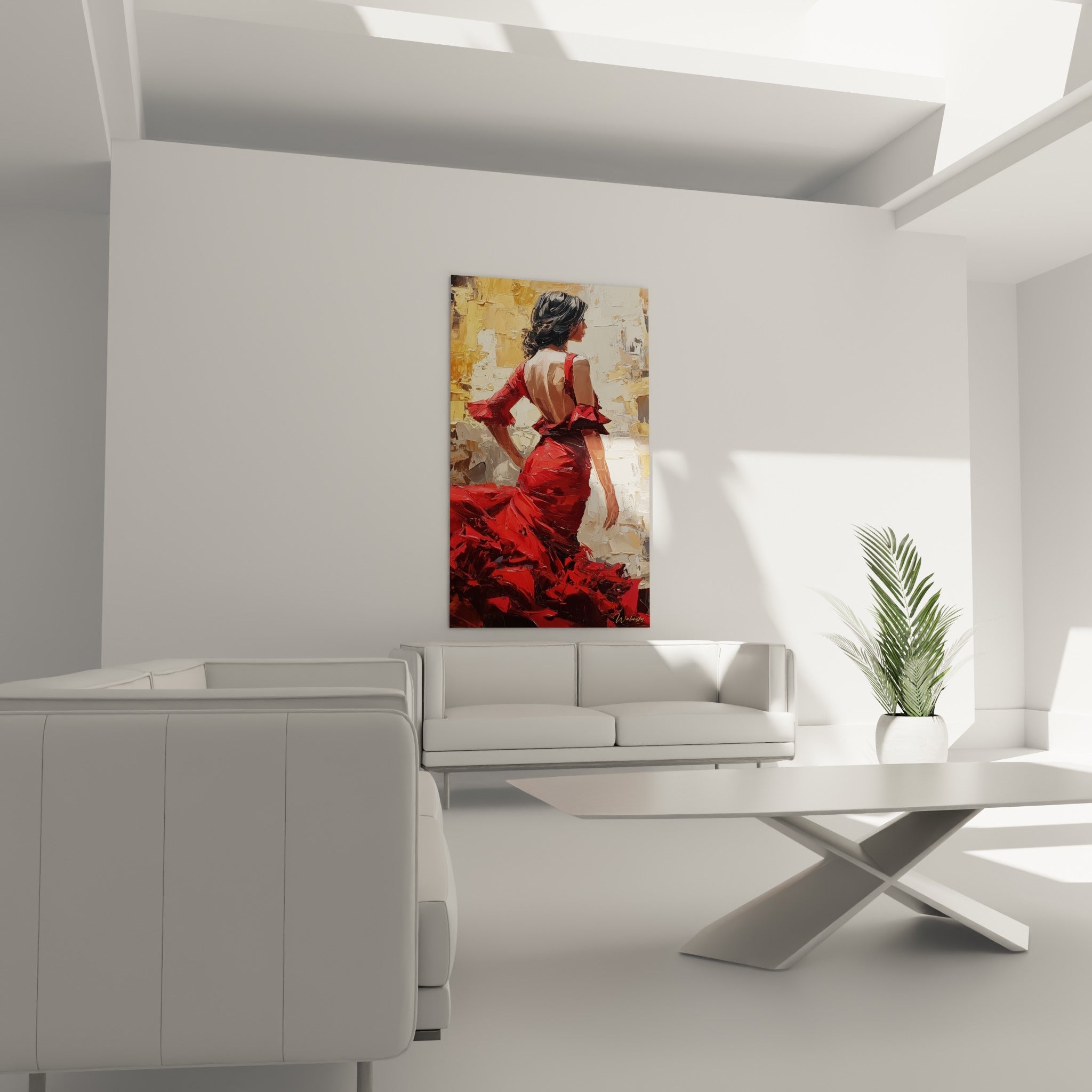 Geste ample d'une danseuse en rouge et anthracite, danse espagnole au-dessus d'un canapé dans un salon lumineux
