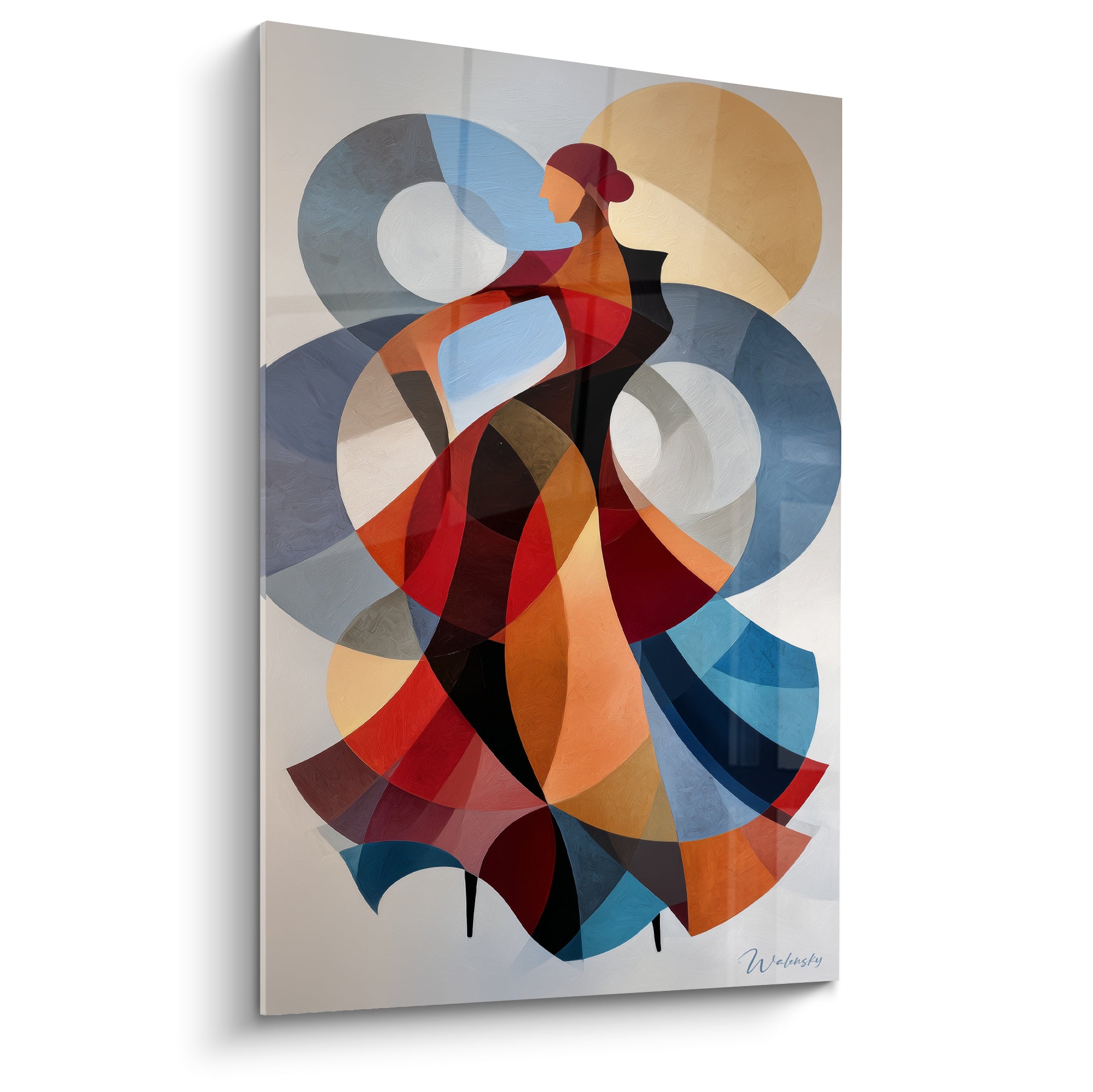 Danseuse de flamenco aux courbes rouge bordeaux et bleu marine, style cubiste géométrique éclatant