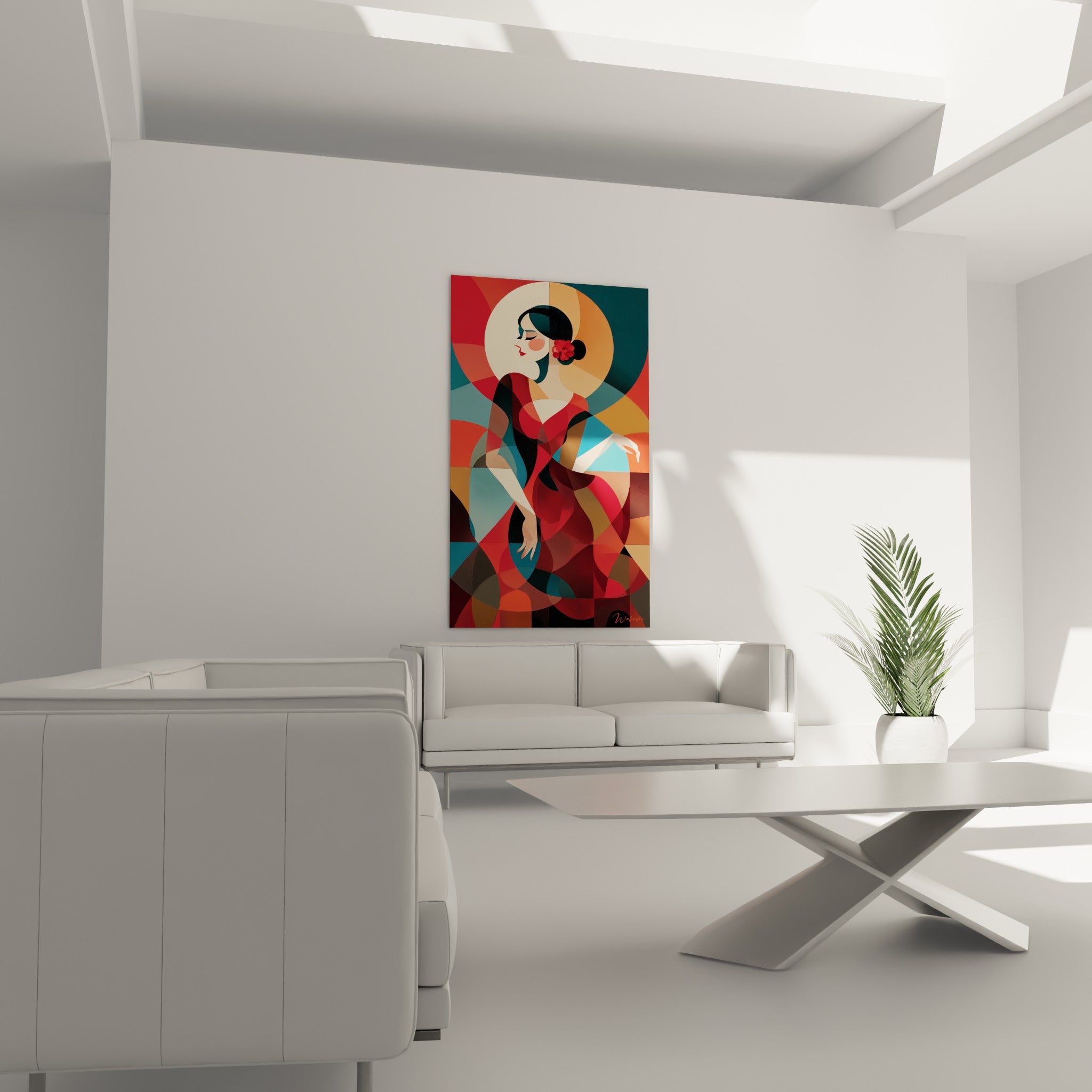 Portrait cubiste d'une danseuse espagnole en robe rouge et fond bleu pétrole, au-dessus d'un canapé dans un salon lumineux