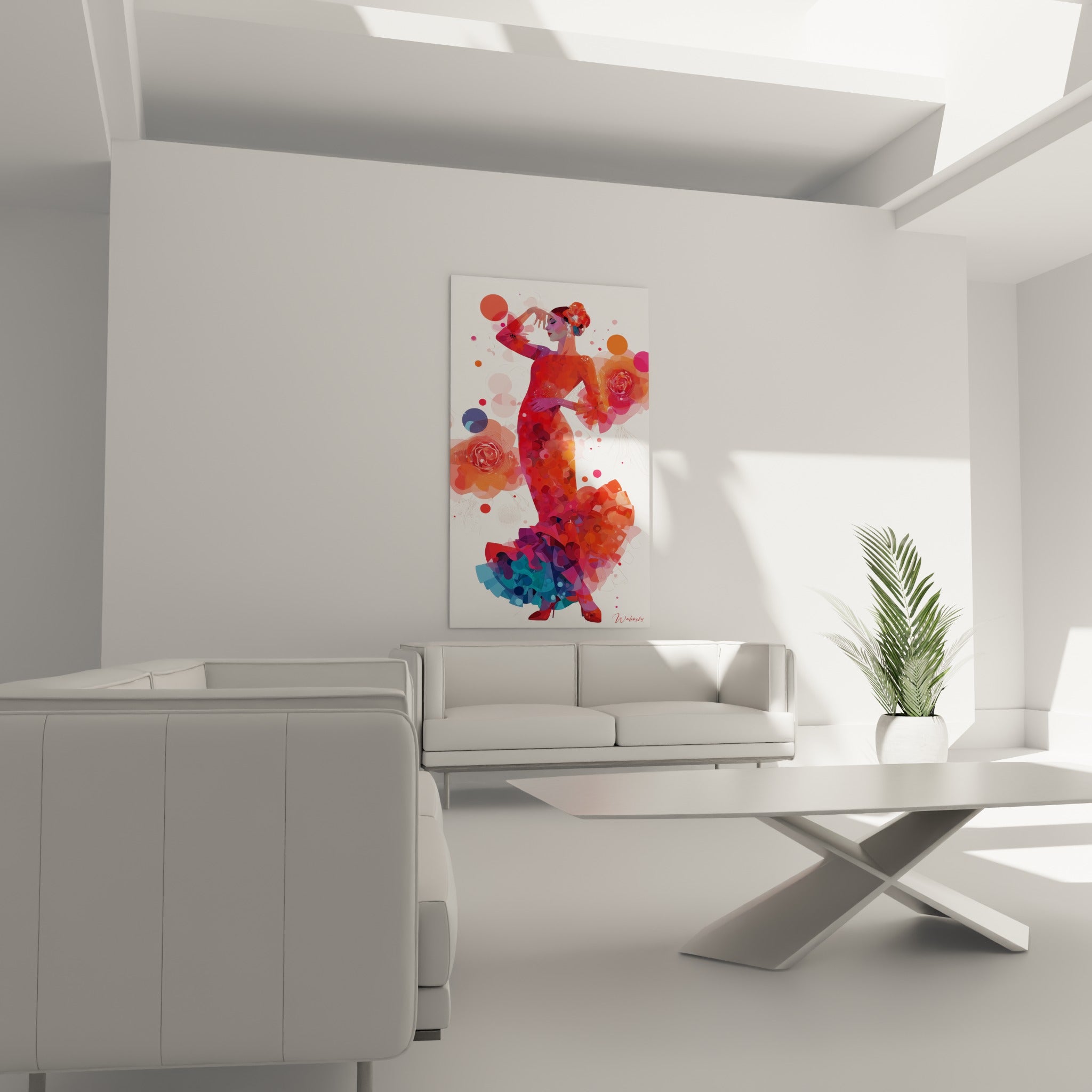 Silhouette de danseuse espagnole rouge et bleu marine placée au-dessus d'un canapé dans un salon lumineux