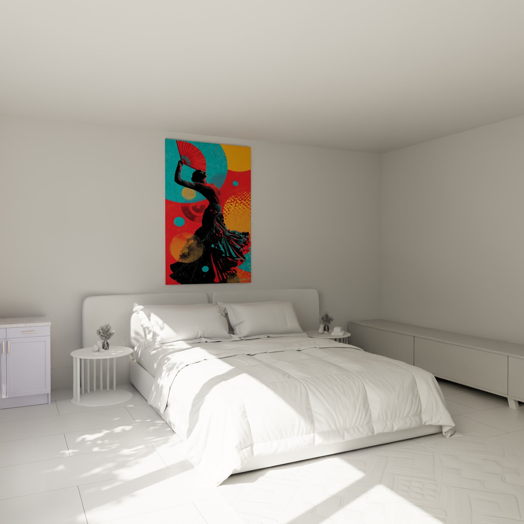 Silhouette rouge et turquoise en mouvement de danse espagnole, au-dessus d'un lit dans une chambre claire