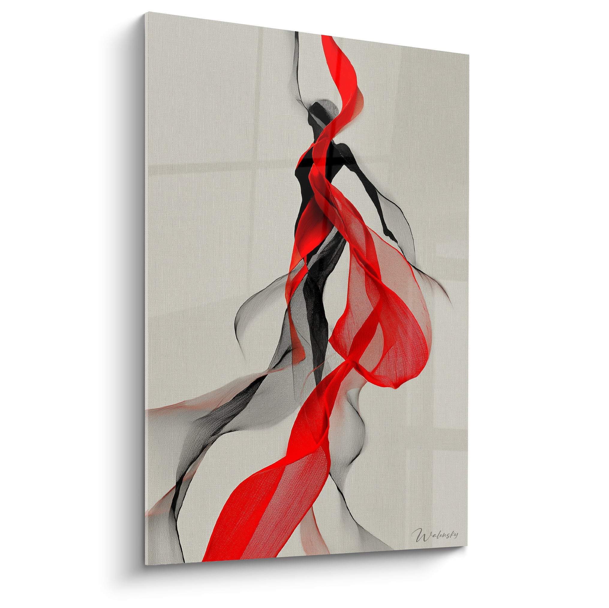 Silhouette noire de danseuse enveloppée d'un ruban rouge vif sur fond ivoire, tableau Danse espagnole graphique