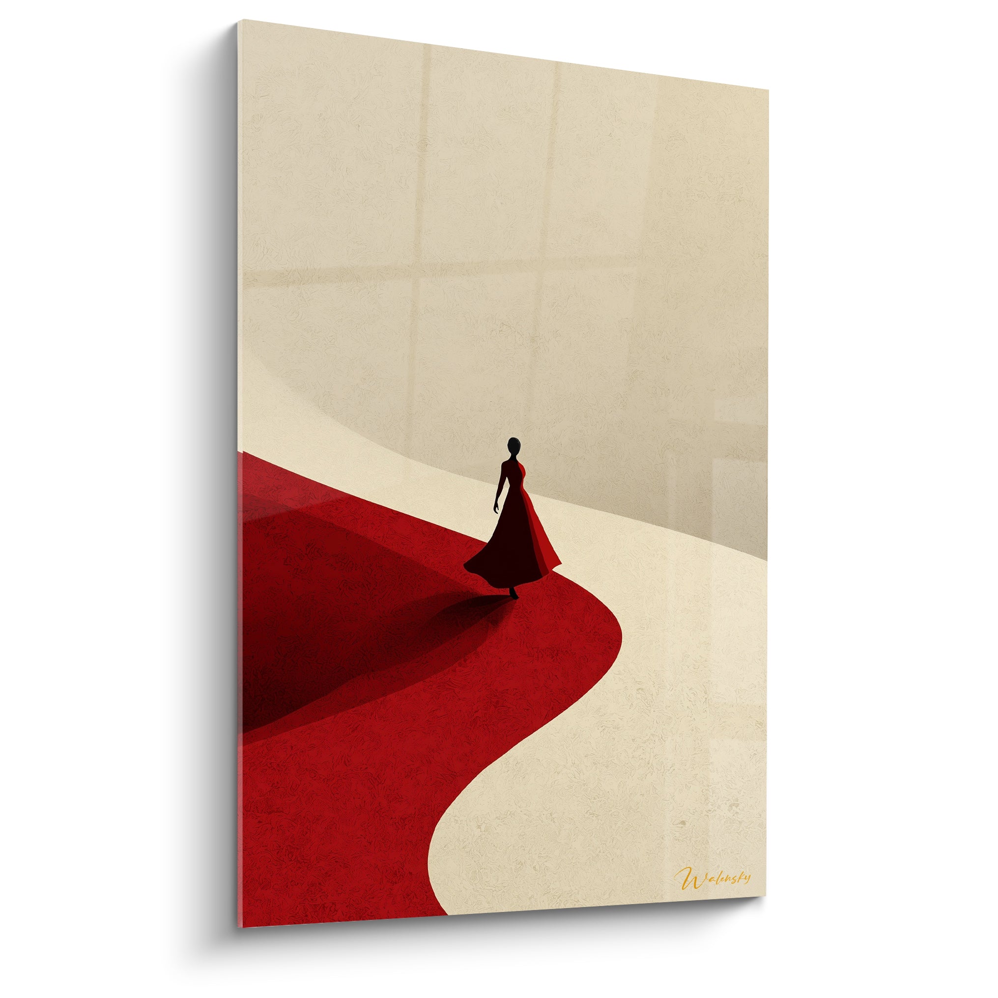 Silhouette danse espagnole rouge sombre sur chemin écarlate et fond beige sablé minimaliste