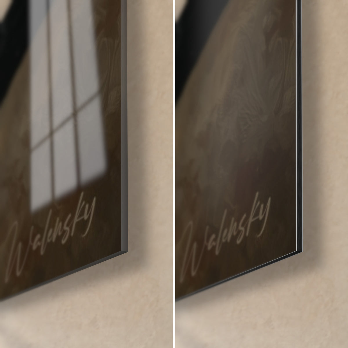 Cuadro de un matador de terciopelo negro y toro, esquina inferior derecha: cristal acrílico brillante con reflejos, aluminio Dibond beige mate, canto de 3 mm