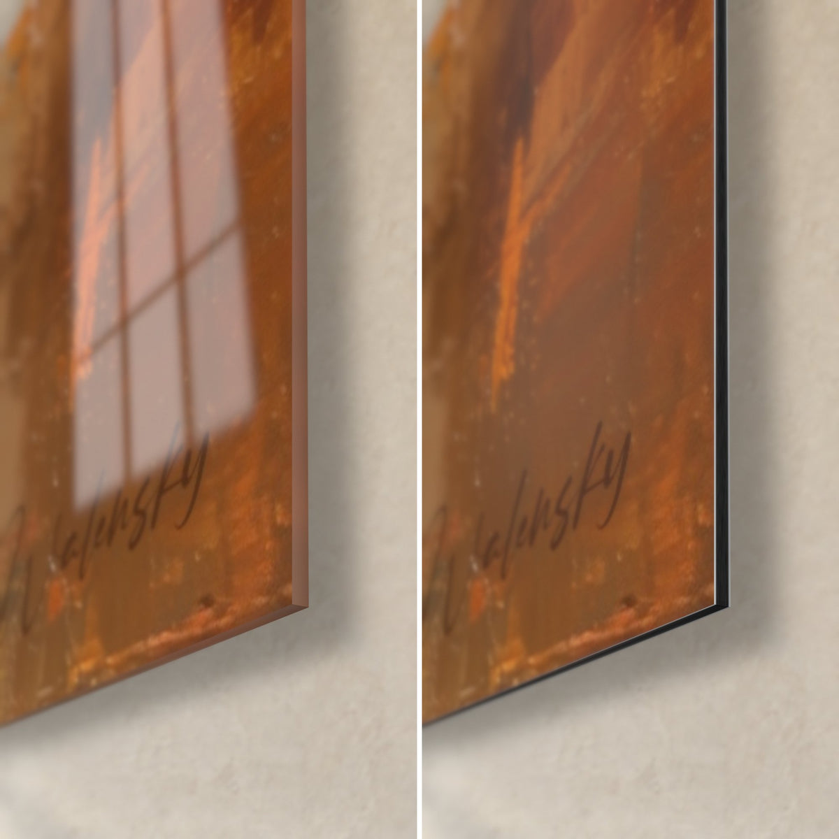 Tableau danseuse à la robe écarlate, coin bas droit : verre acrylique brillant à gauche, alu Dibond mat à droite, tranche de 3 mm