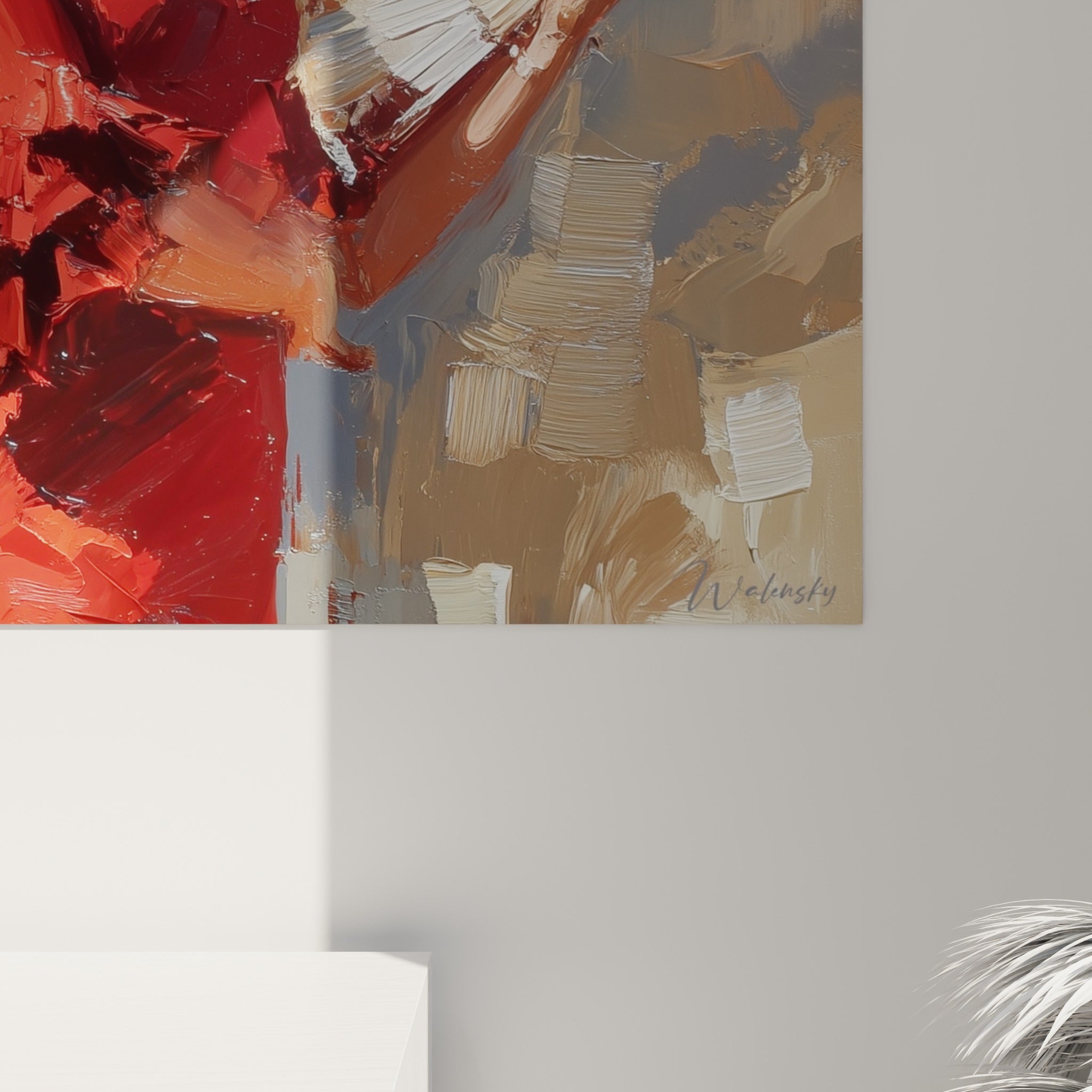 Empâtements de peinture rouge et grise visibles de près sur ce tableau de danseuse espagnole à l'éventail