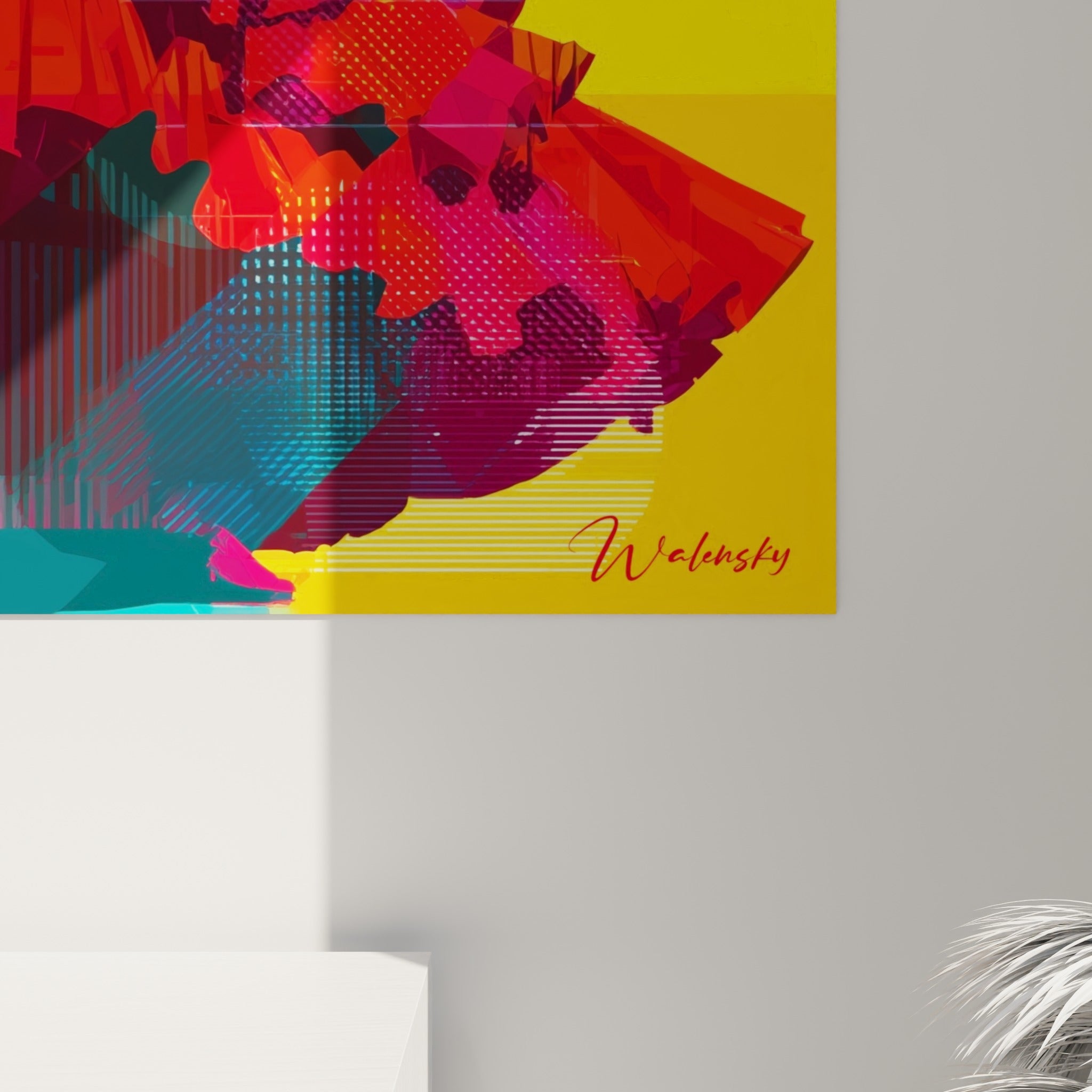 Empâtements colorés et pointillés sur la jupe rouge, contraste avec le fond turquoise éclatant