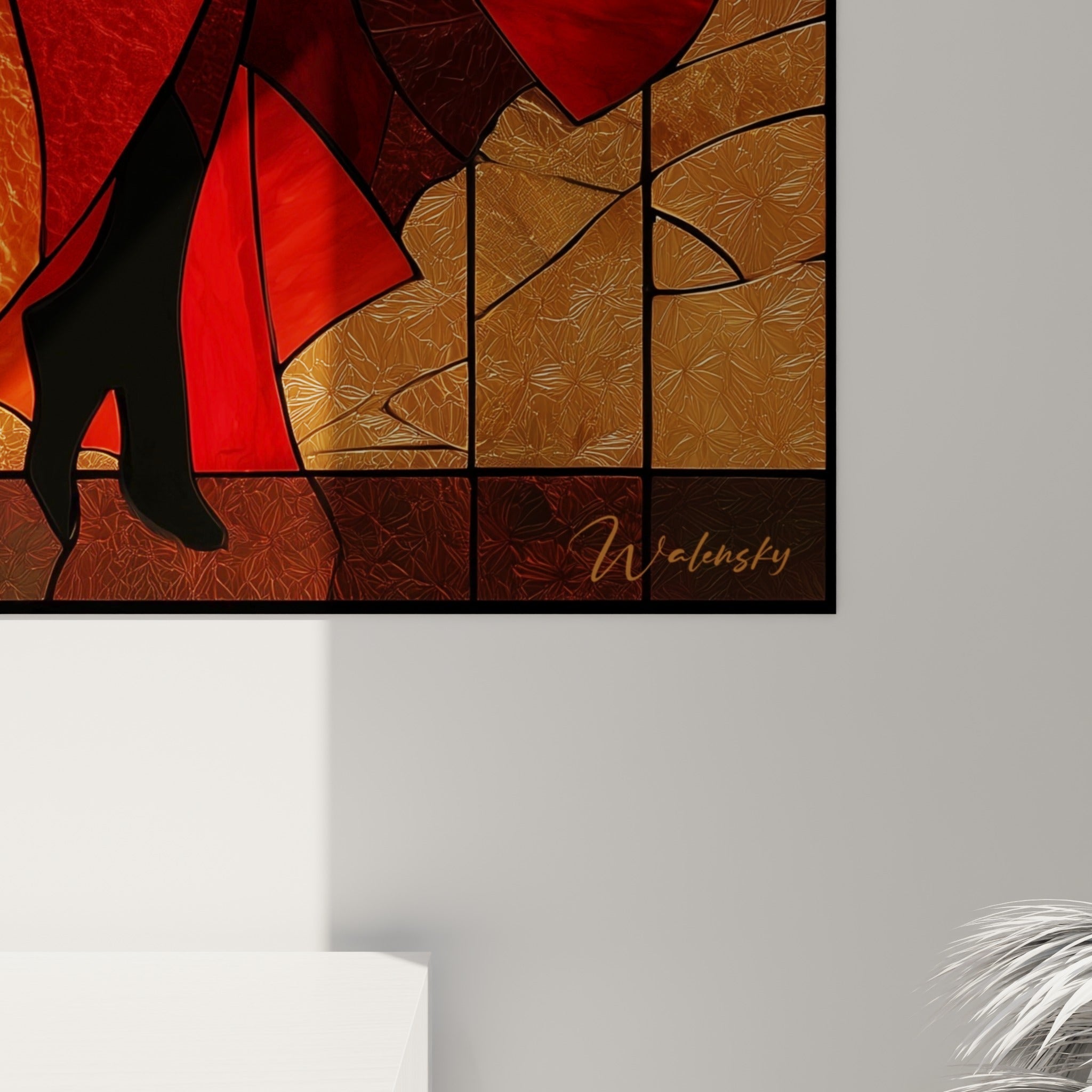 Textures granuleuses façon verre, segments rouge et or cloisonnés de noir sur ce tableau Danse espagnole