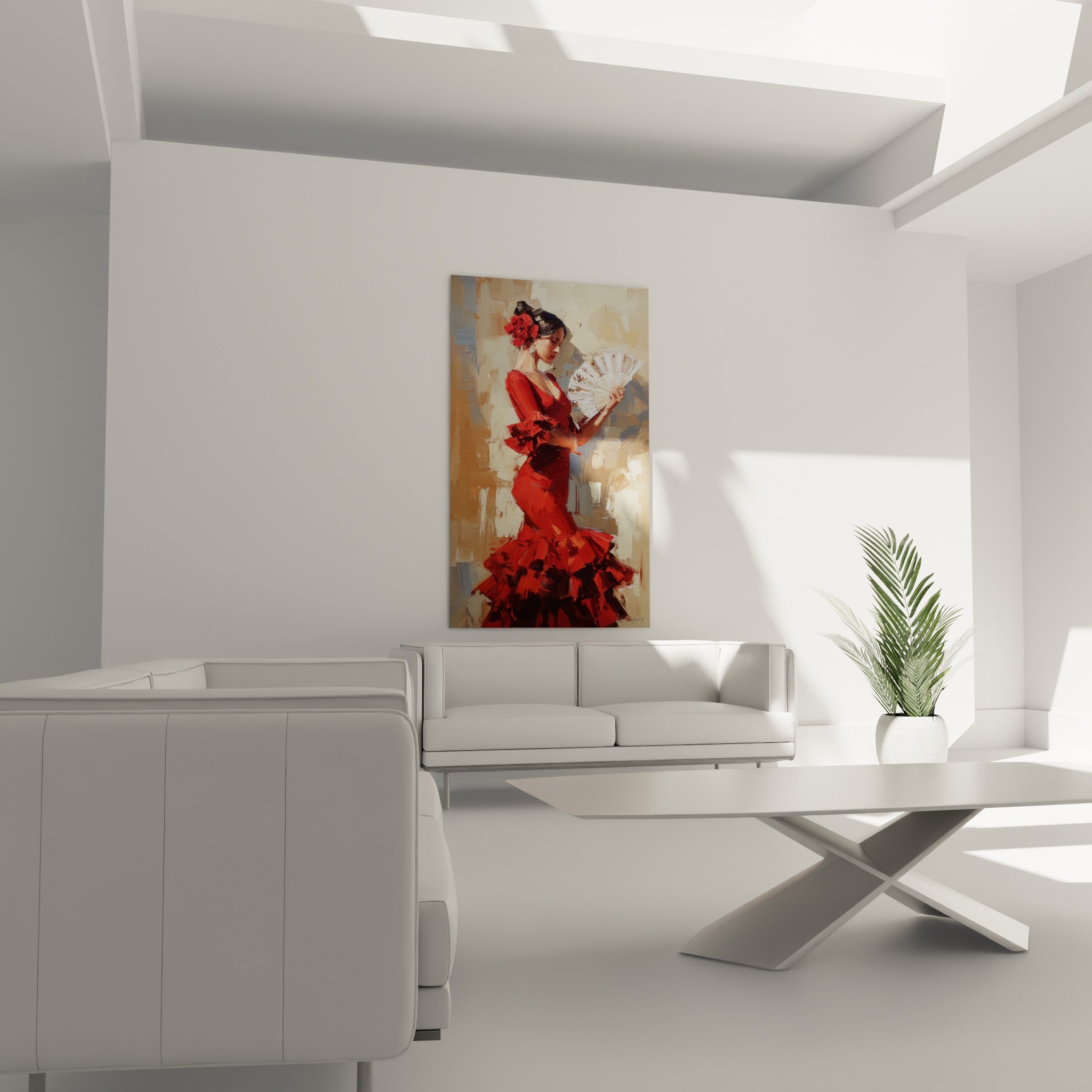 Robe rouge à volants et rose écarlate dans les cheveux, au-dessus d'un canapé dans un salon lumineux