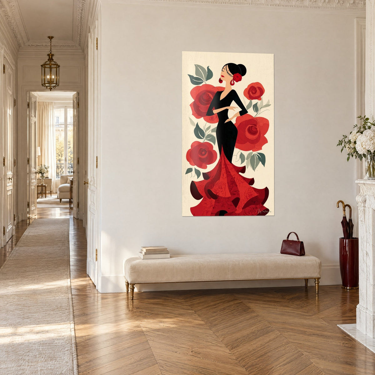 Tableau gitane au chignon noir et boucles d'oreilles carmin, fond crème, roses rouges, vu de trois-quarts dans un couloir haussmannien