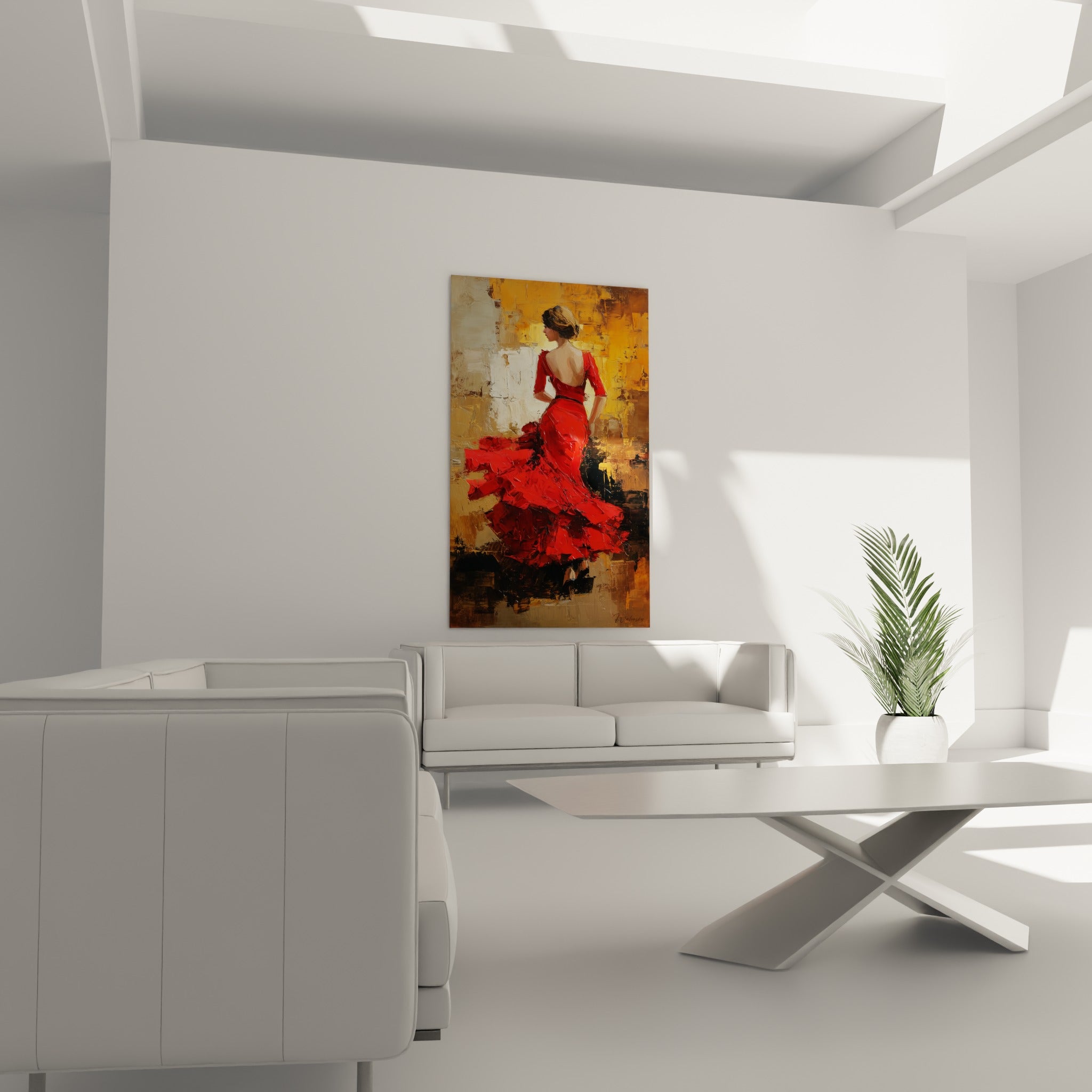 Volants rouges en mouvement de la danseuse espagnole placés au-dessus d'un canapé dans un salon lumineux