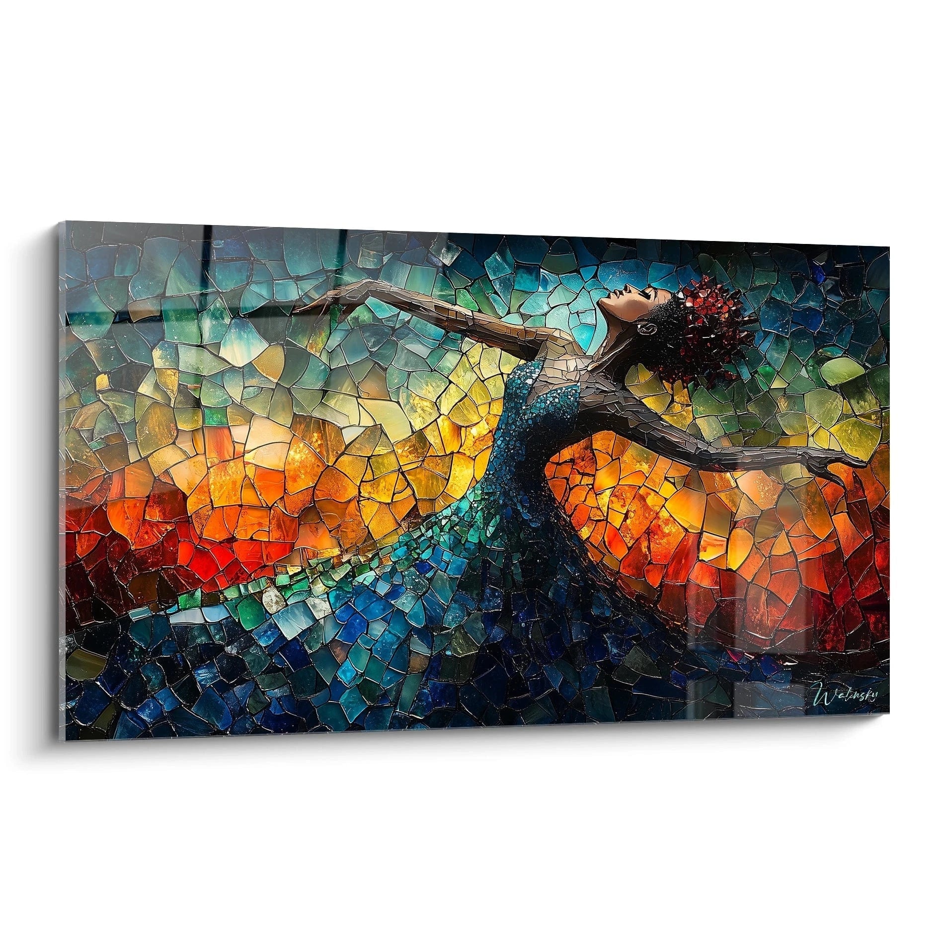 Tableau abstrait d'une danseuse avec des couleurs vibrantes et un effet de mosaïque par Walensky
