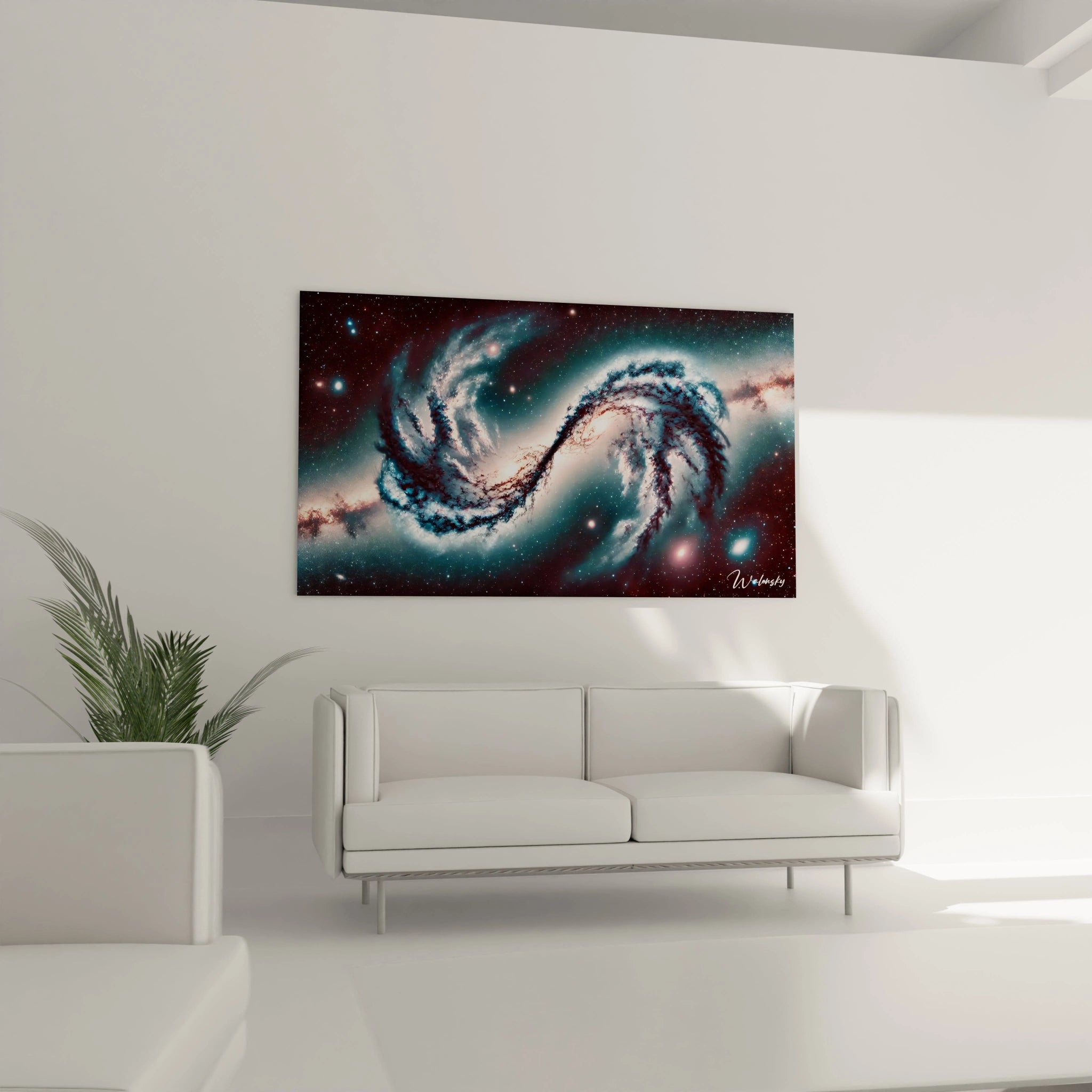 tableau espace au-dessus d’un canapé dans un salon spacieux. Les couleurs profondes et lumineuses attirent le regard, créant un point focal captivant dans une décoration minimaliste et contemporaine.