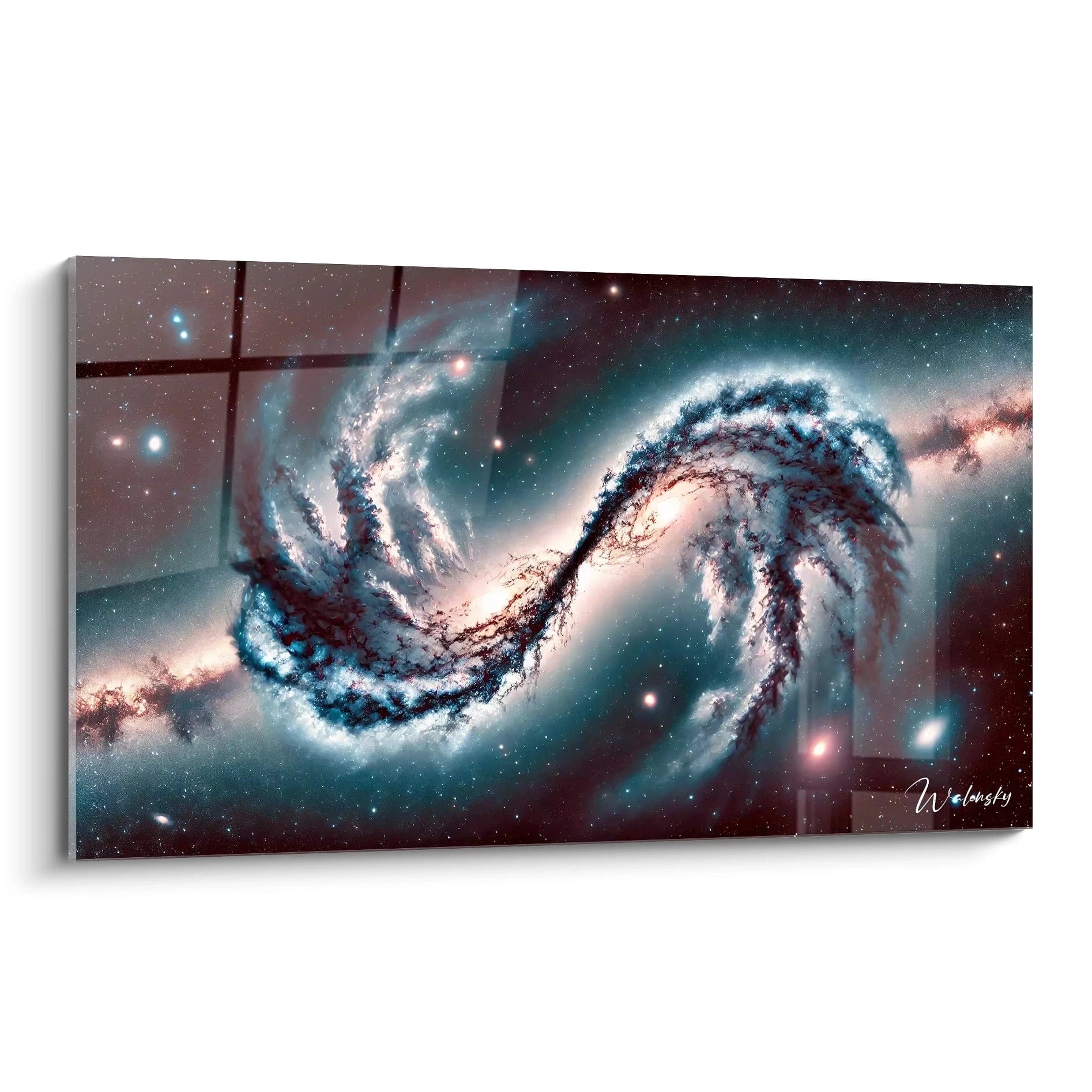 tableau espace vu de biais capturant une spirale galactique abstraite en bleu marine et blanc sur un fond profond et mystique. Les lignes fluides et tourbillonnantes créent un effet hypnotique.