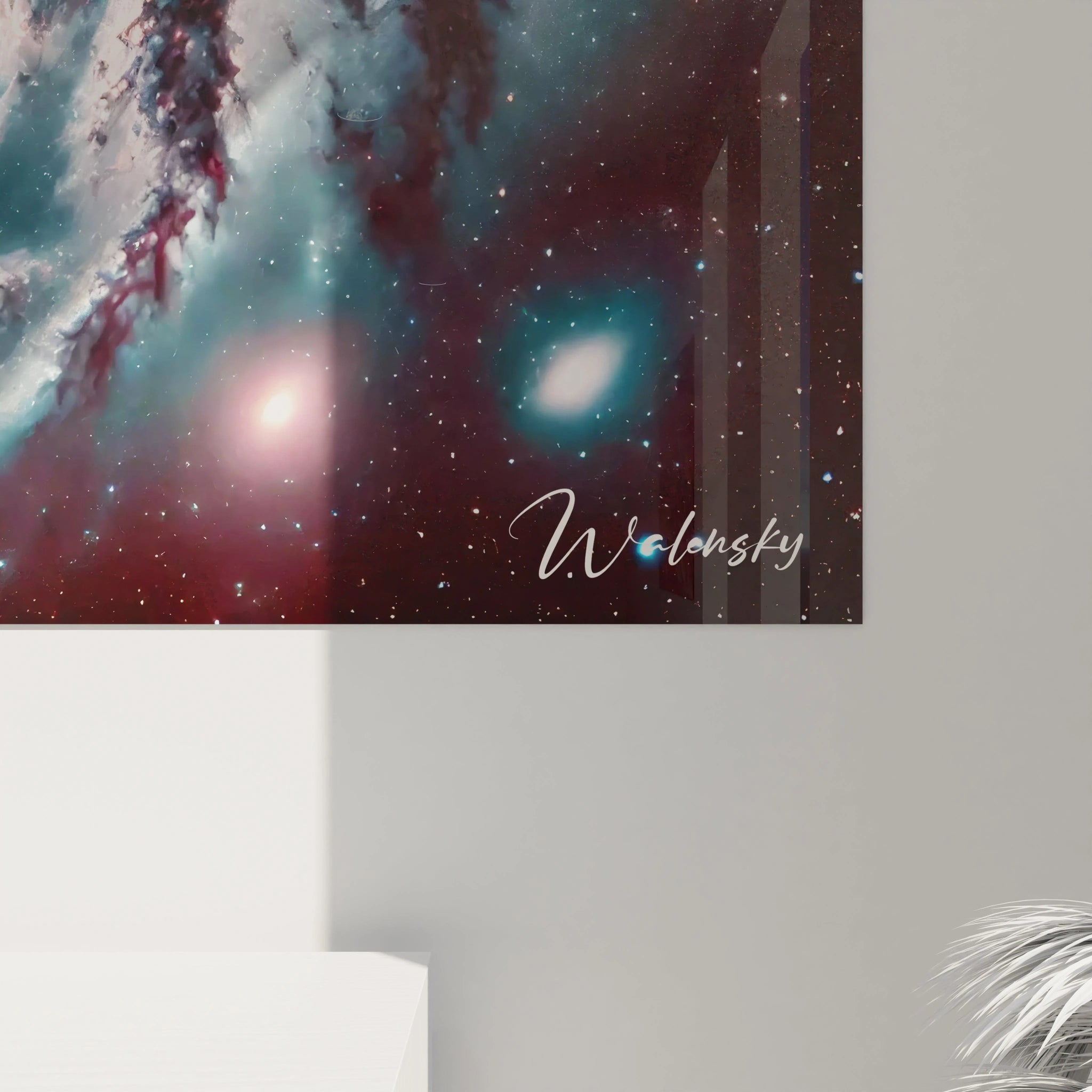 vue rapprochée du tableau espace révélant les détails des galaxies tourbillonnantes. Les textures riches et les contrastes intenses entre le bleu, le marine et le blanc évoquent un univers en mouvement.