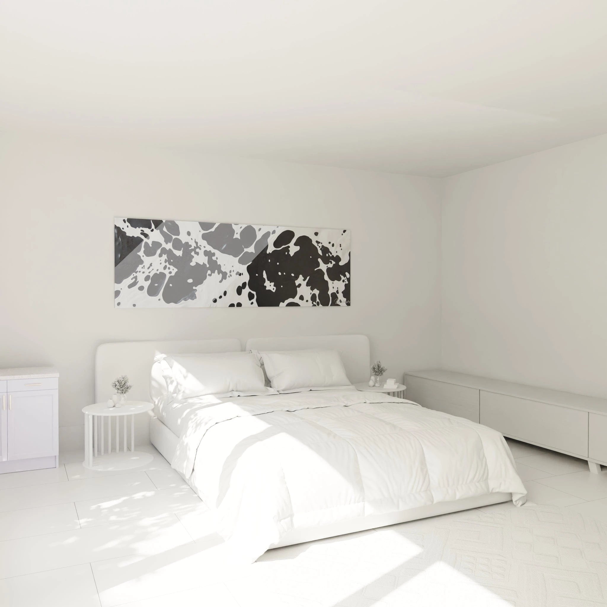 Tableau tacheté noir et blanc Walensky accroché au mur d'une chambre moderne et épurée