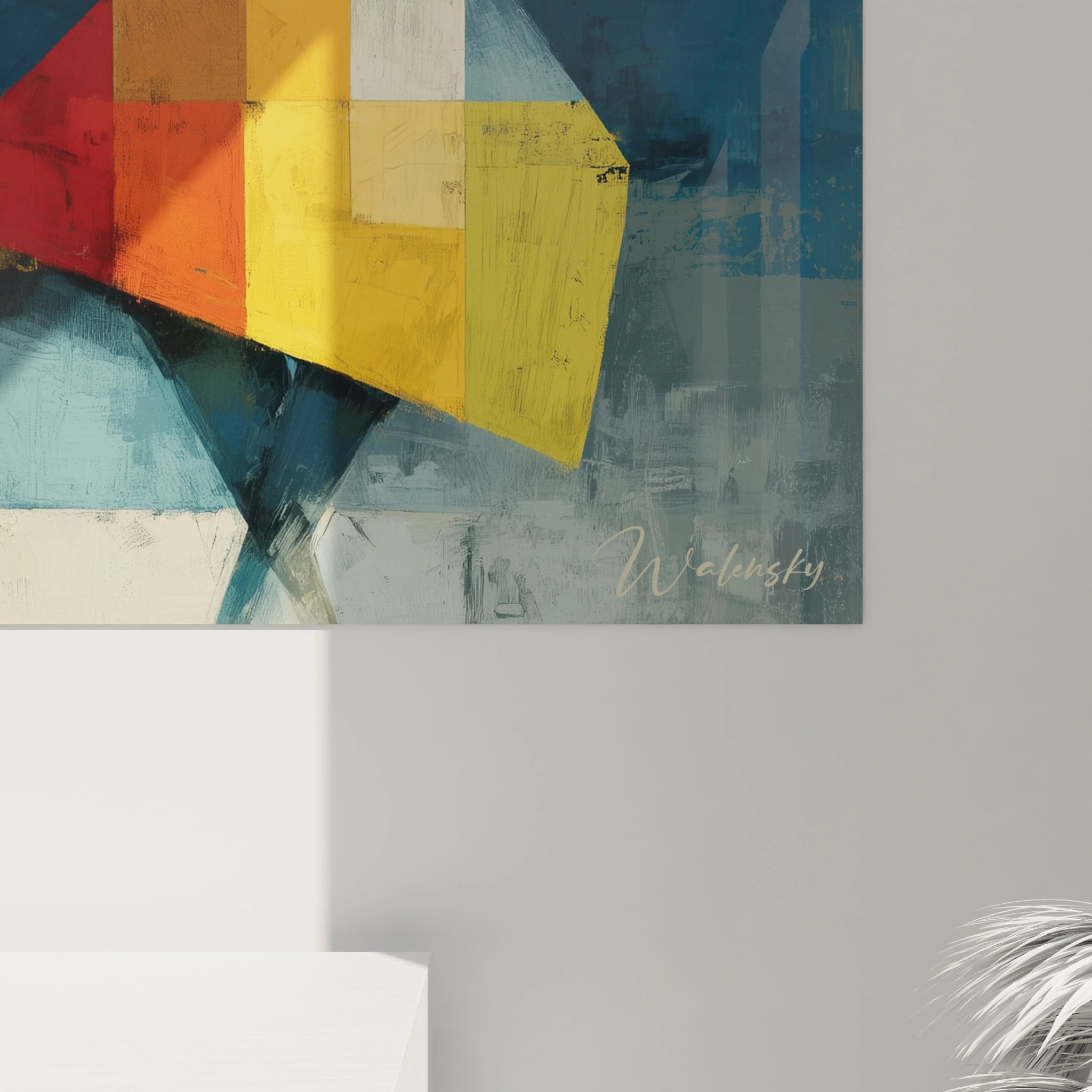 Tableau danse africaine moderne de Walensky avec des formes géométriques colorées sur fond bleu