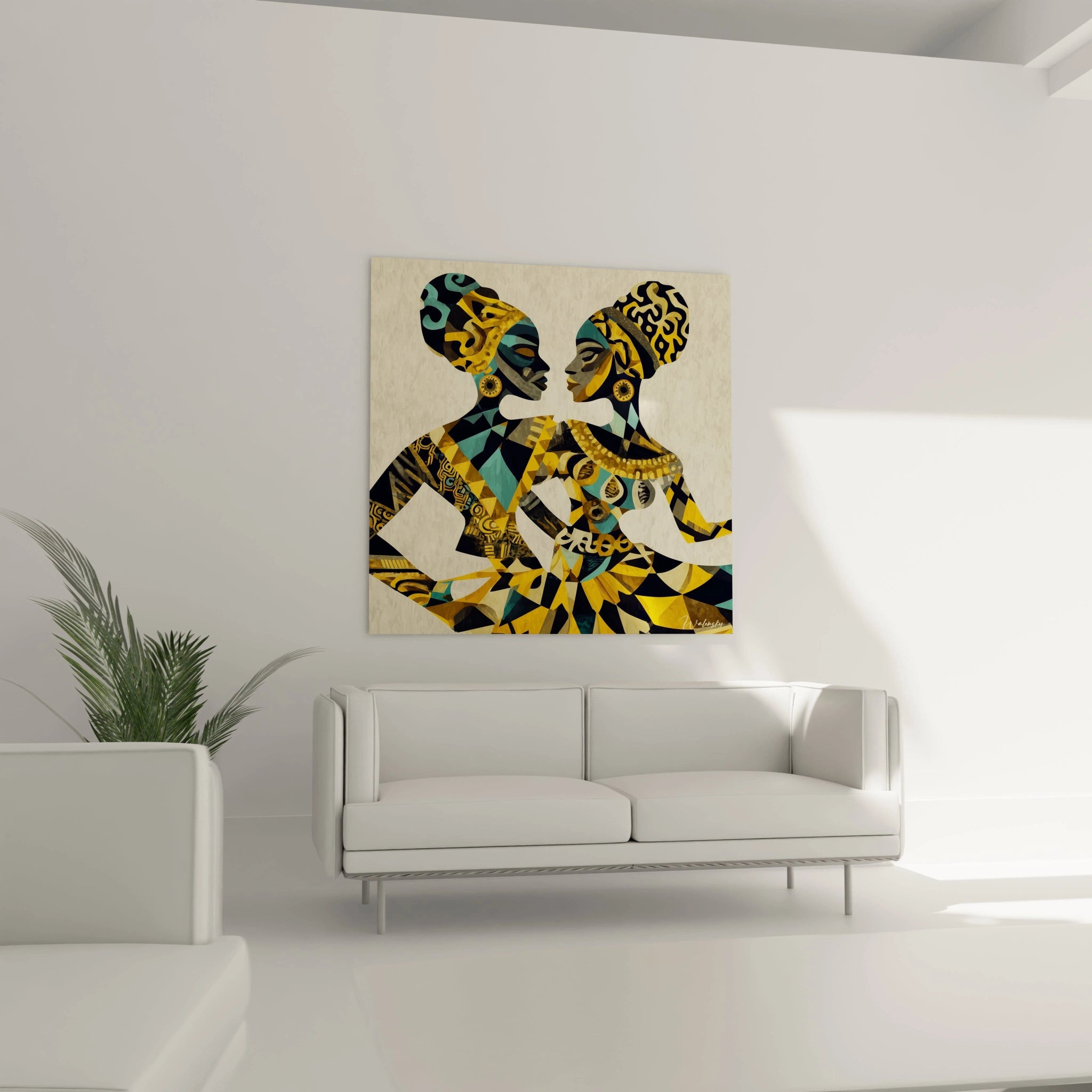 Tableau danse africaine artistique sur un mur moderne, mettant en valeur des figures stylisées.