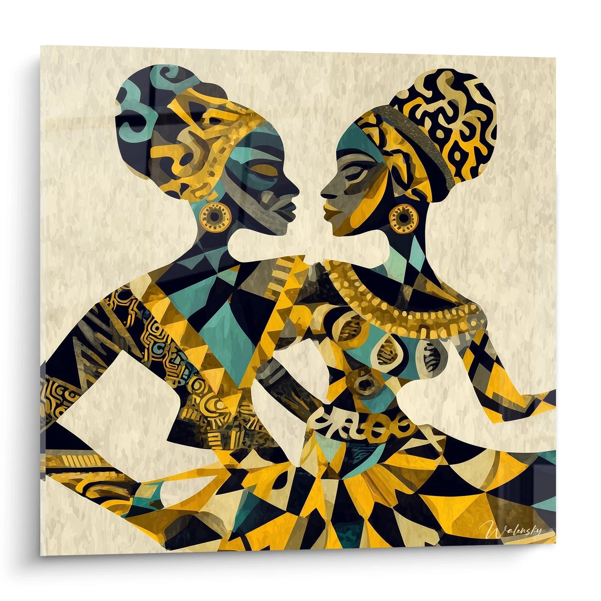 Tableau danse africaine de Walensky représentant deux femmes en posture dynamique sur un fond coloré