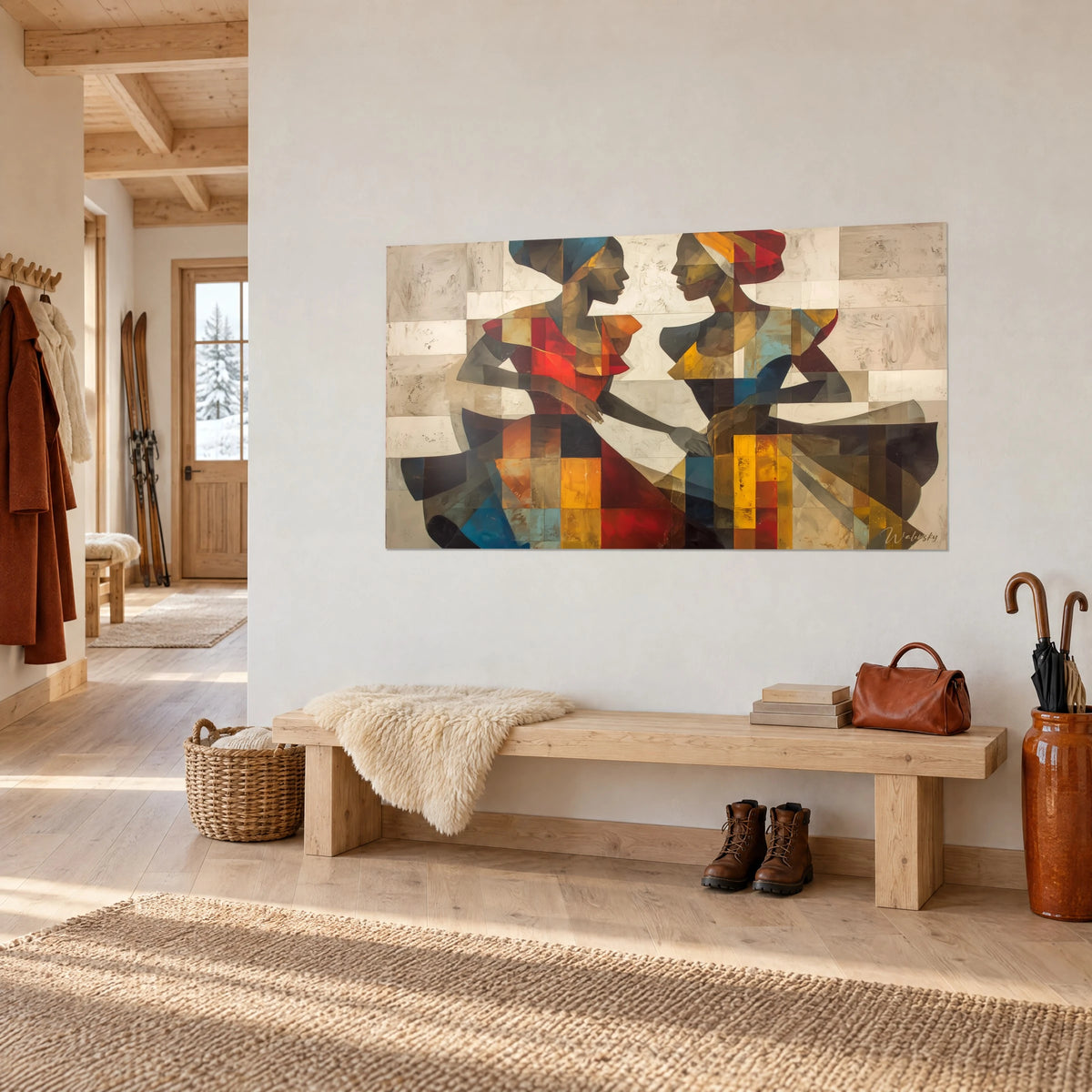 Tableau couple de danseurs en robes évasées, carrés jaune safran et bleu pétrole sur fond crème, banc en bois dans une entrée de chalet