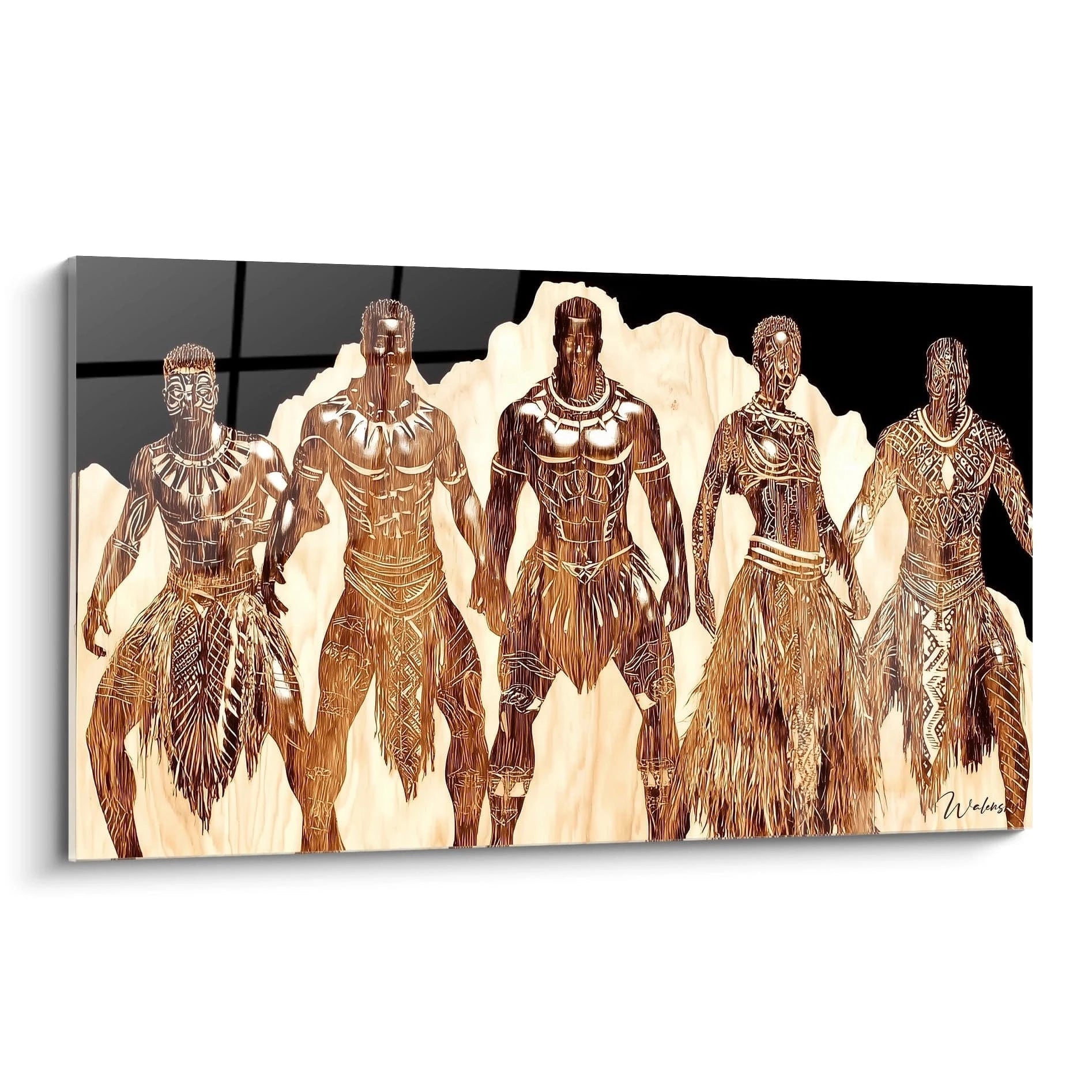 Tableau danse africaine avec cinq figures traditionnelles en bois sculpté sur fond noir