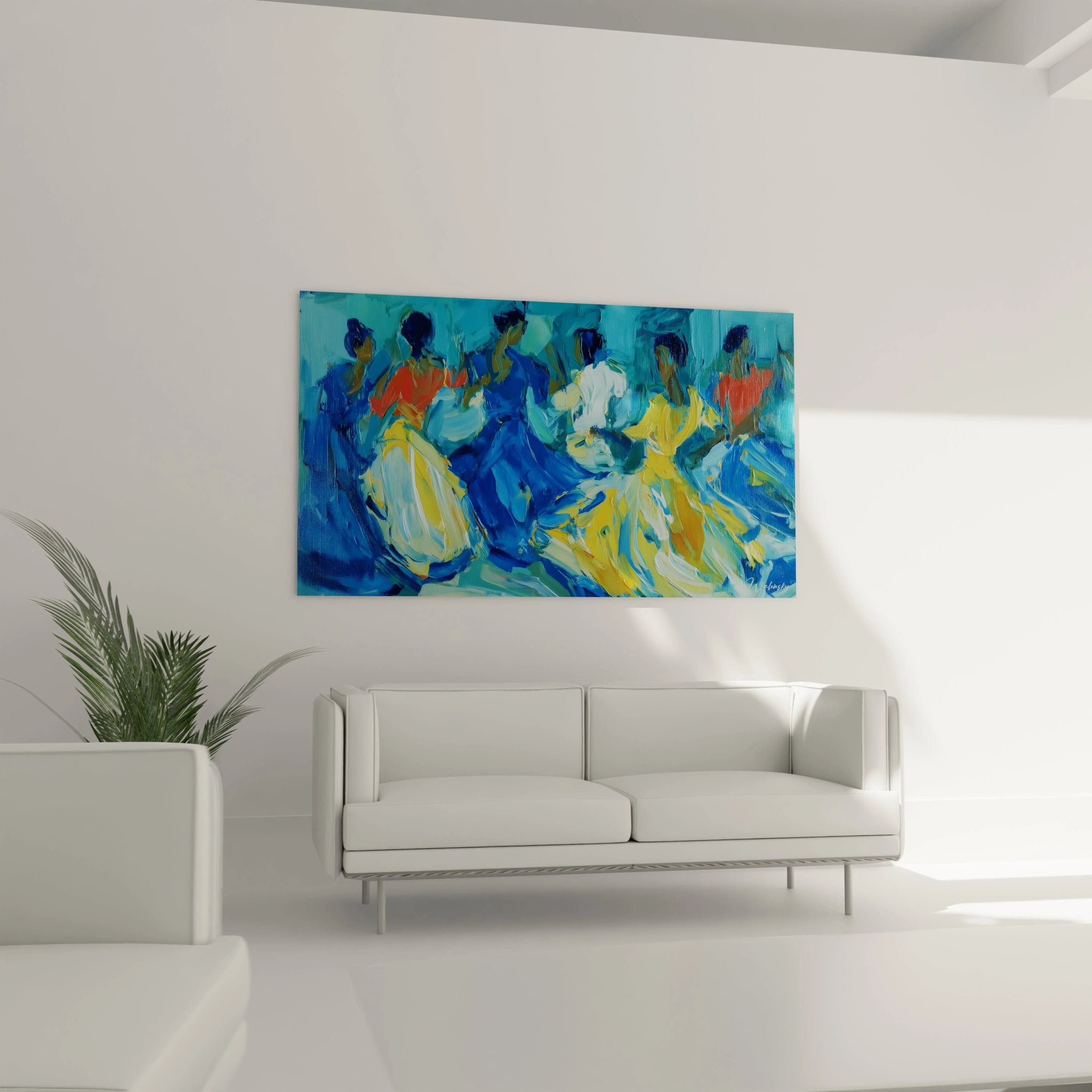 Tableau danseurs sabar sénégalais coloré accroché au mur d'un salon moderne