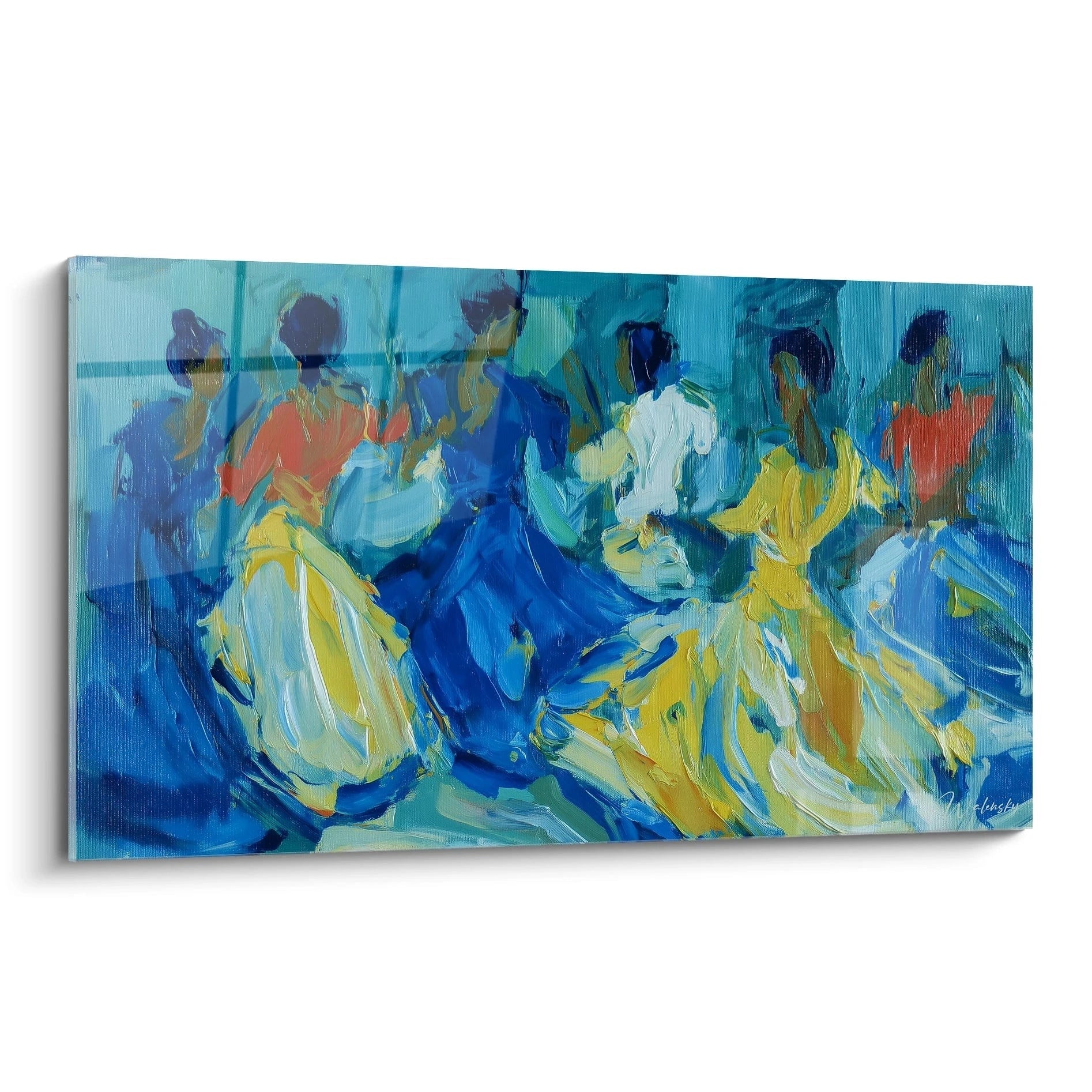 Tableau mural danseurs sabar sénégalais vibrant avec des robes colorées en mouvement dynamique