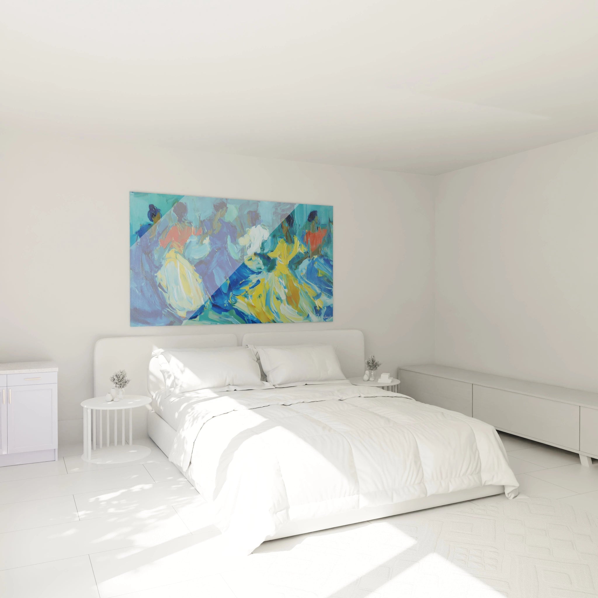 Tableau danseurs sabar sénégalais en couleur vive, décorant un mur dans une chambre moderne