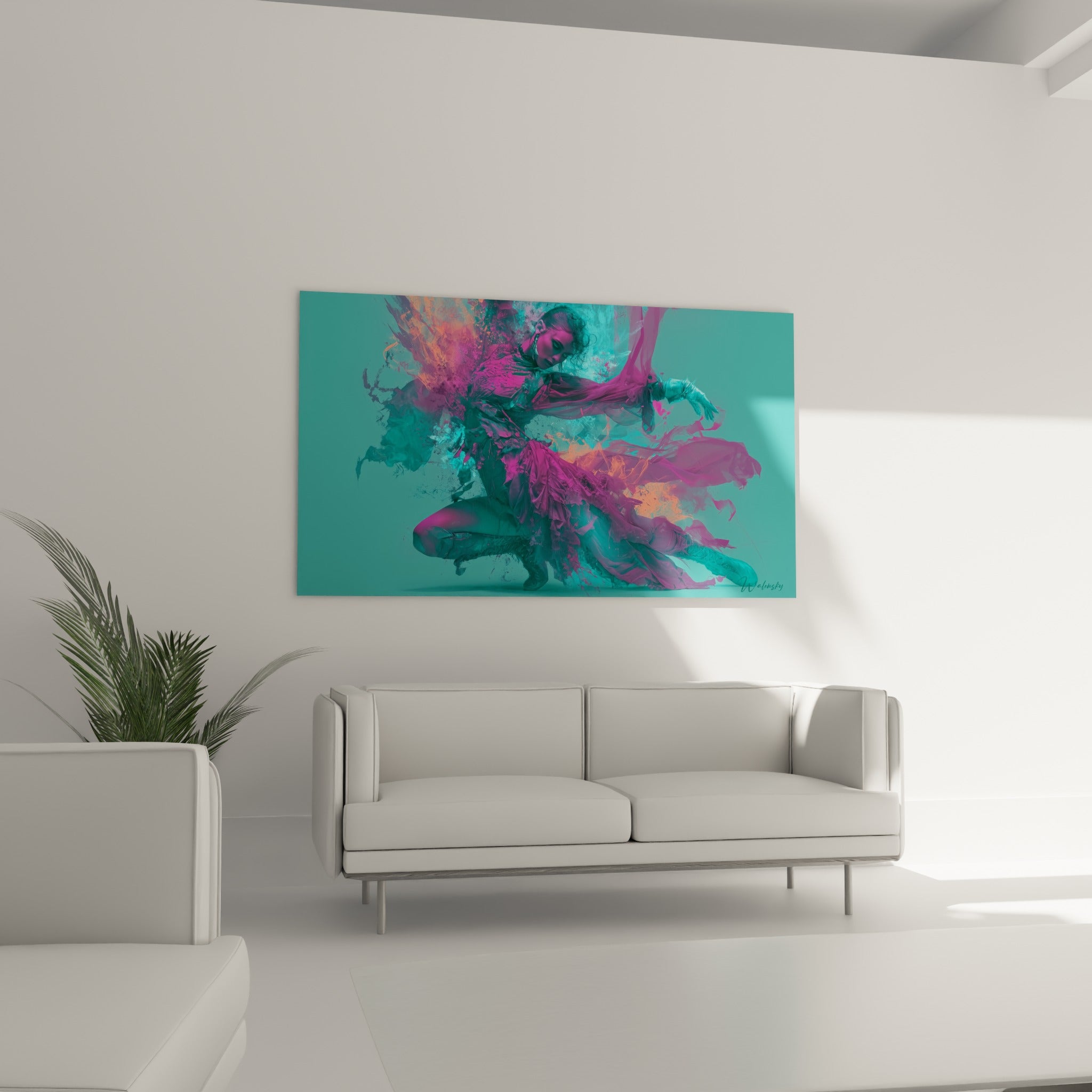 Mouvement de la Danseuse abstrait aux teintes magenta et anthracite, au-dessus d'un canapé dans un salon lumineux