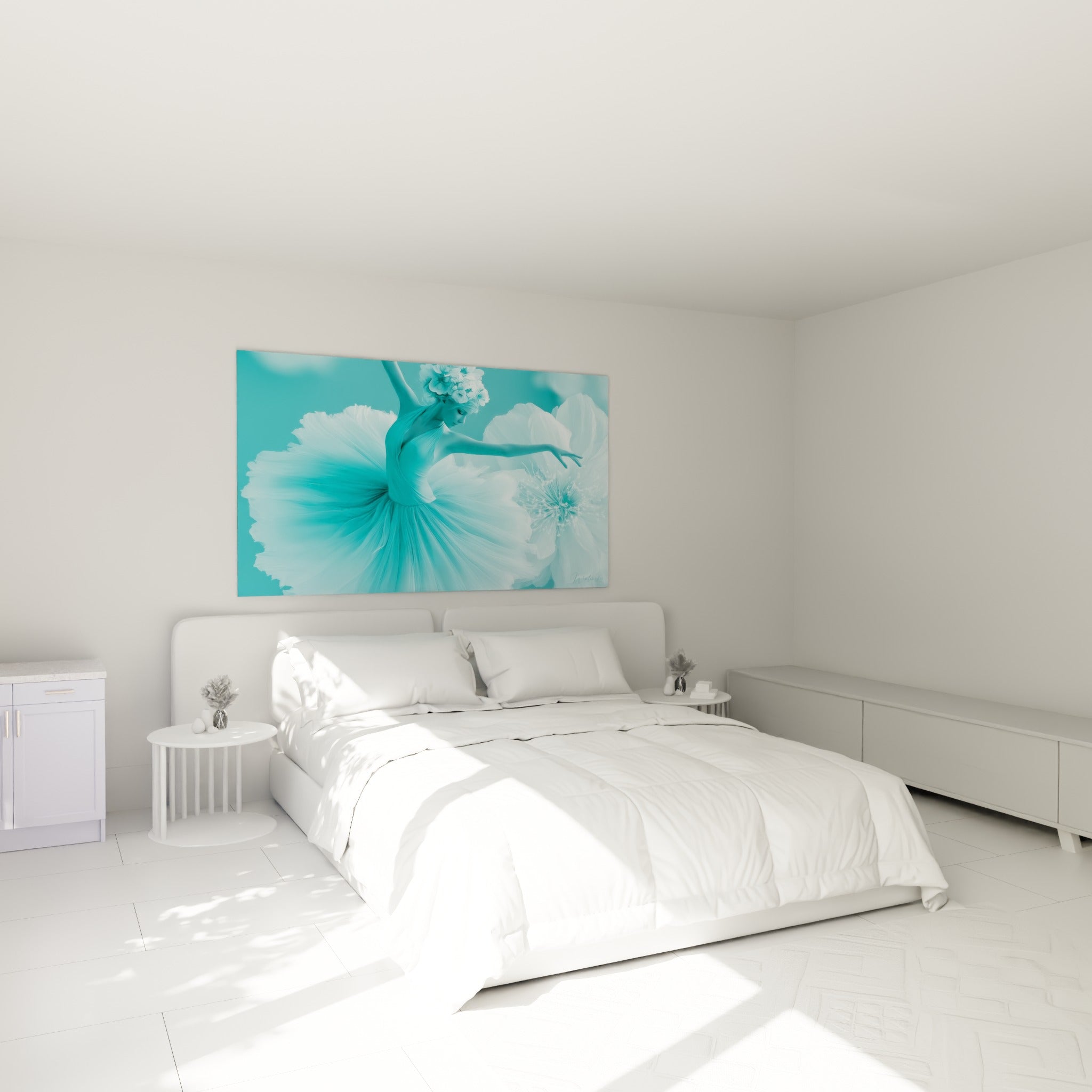 Ballerine turquoise et blanche en pleine grâce, tableau danseuse abstrait au-dessus d'un lit dans une chambre claire