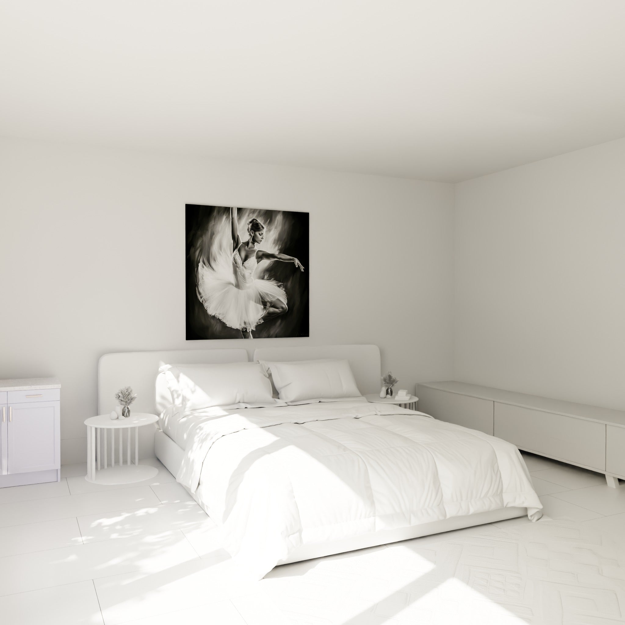 Ballerine en tulle blanc et pose gracieuse, danseuse abstrait au-dessus d'un lit dans une chambre claire