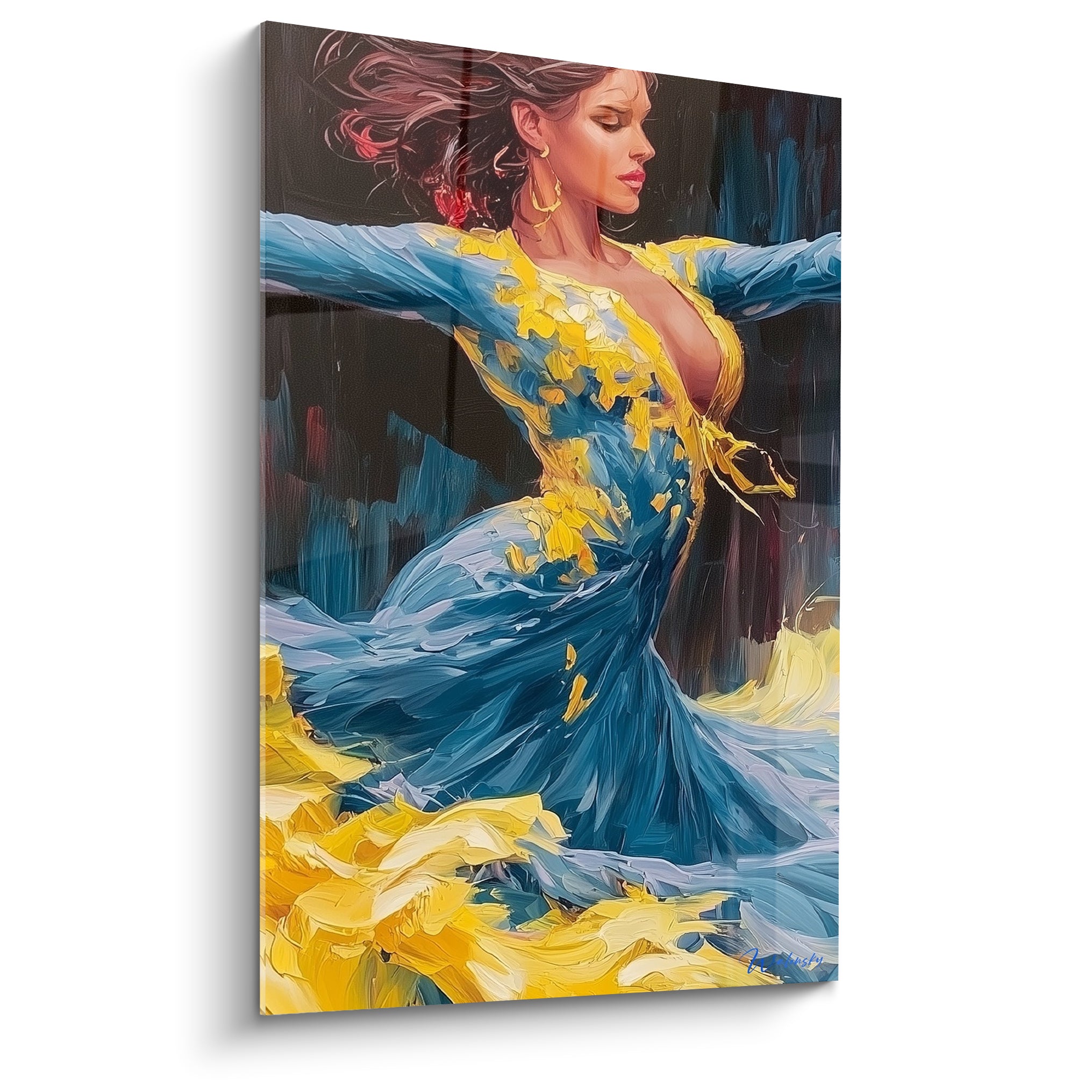 Danseuse abstraite en robe bleu pétrole et jaune doré, bras déployés, peinture texturée