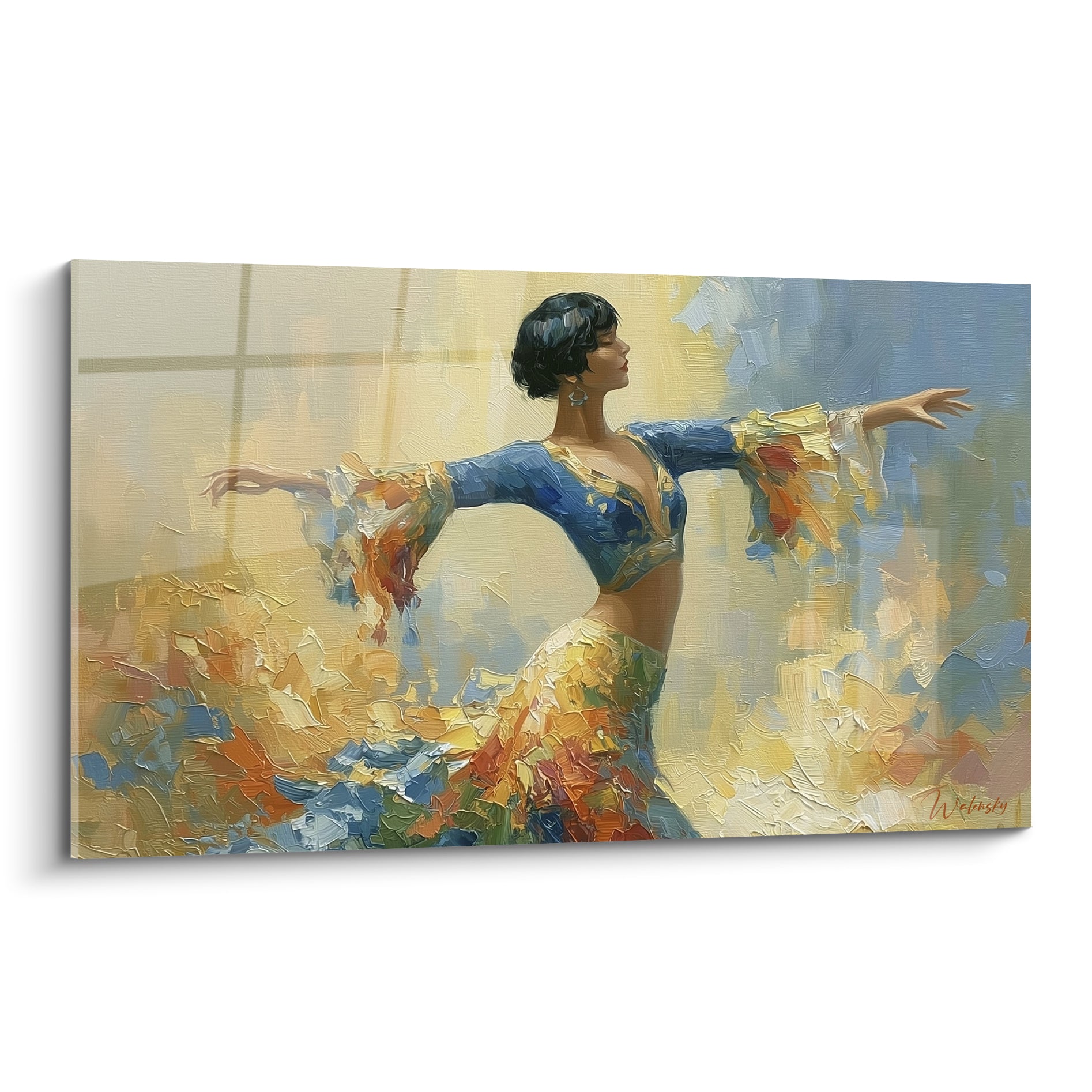 Danseuse abstrait aux bras déployés, corsage bleu marine et jupe ocre en empâtements épais