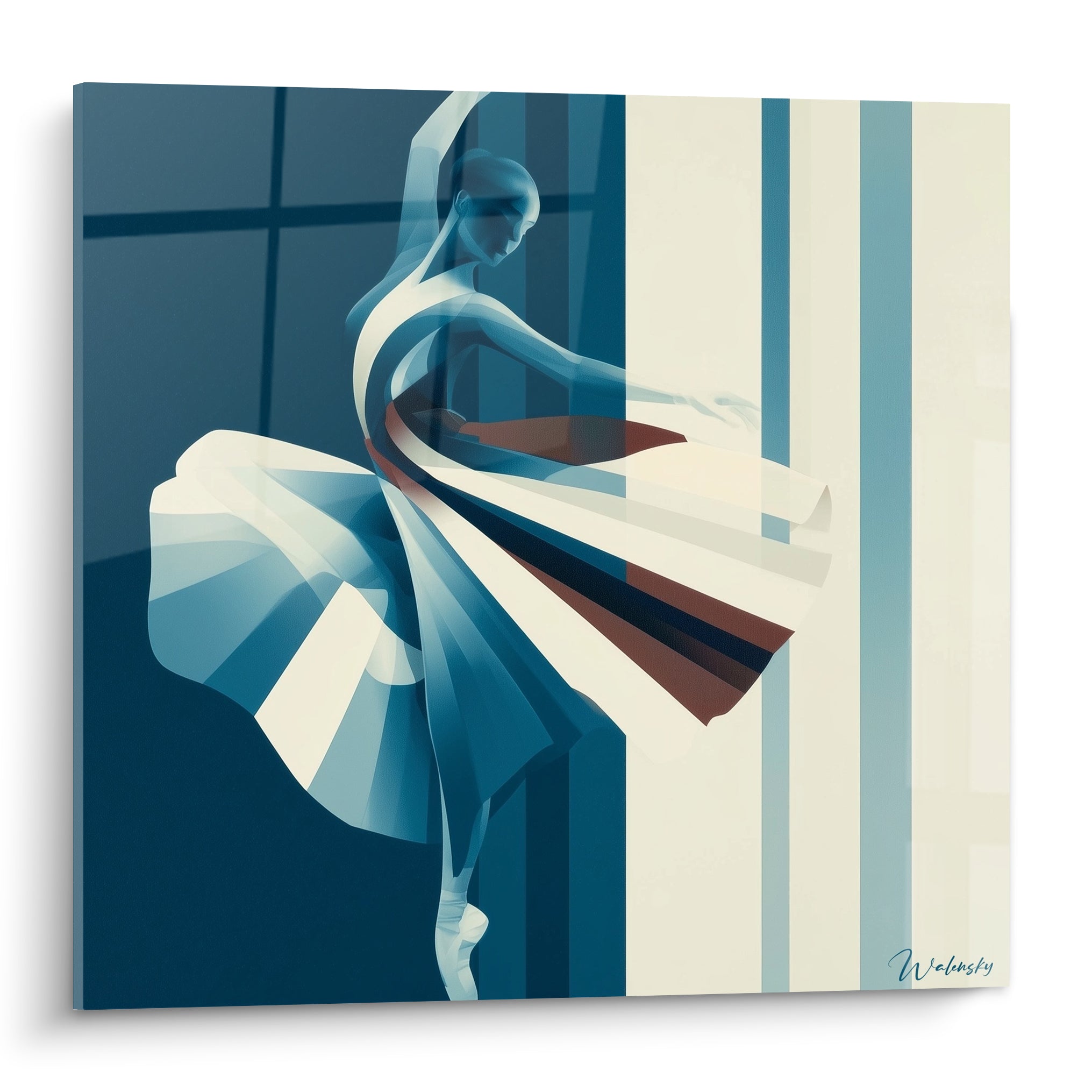 Danseuse abstrait bleu marine et ivoire en pirouette sur pointe, jupon fragmenté terracotta