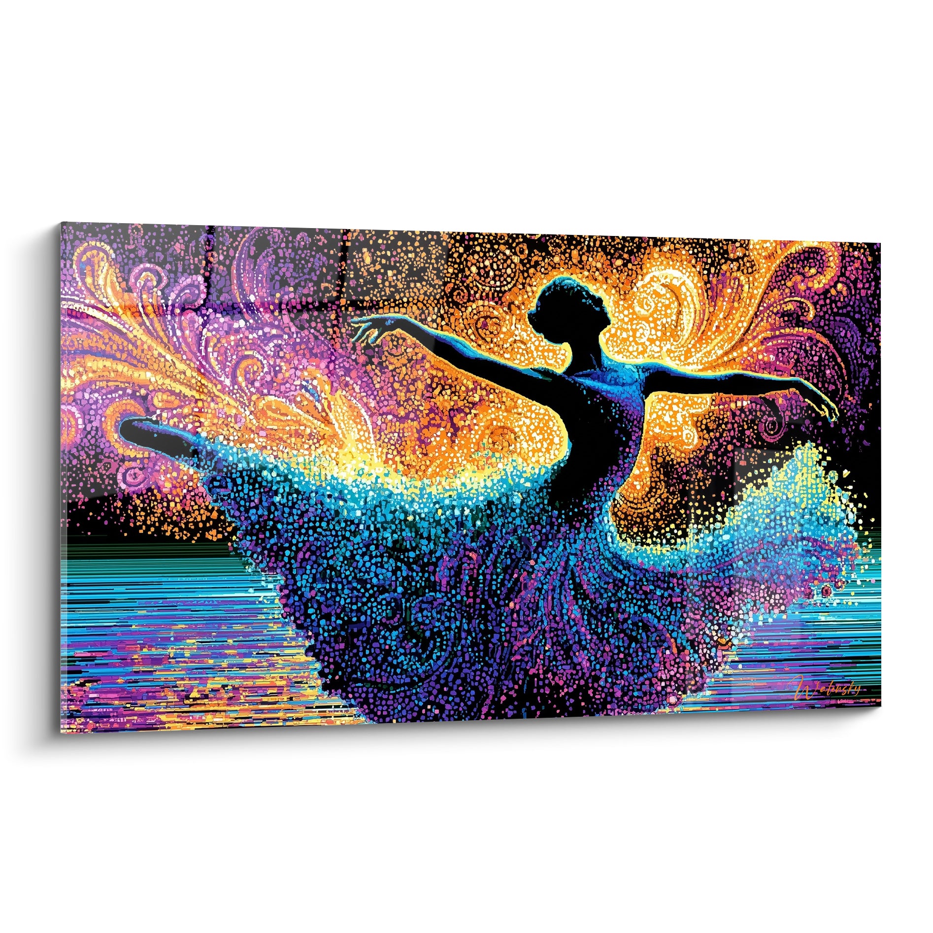 Danseuse abstrait aux bras écartés, silhouette bleu marine sur fond orange et violet éclatant