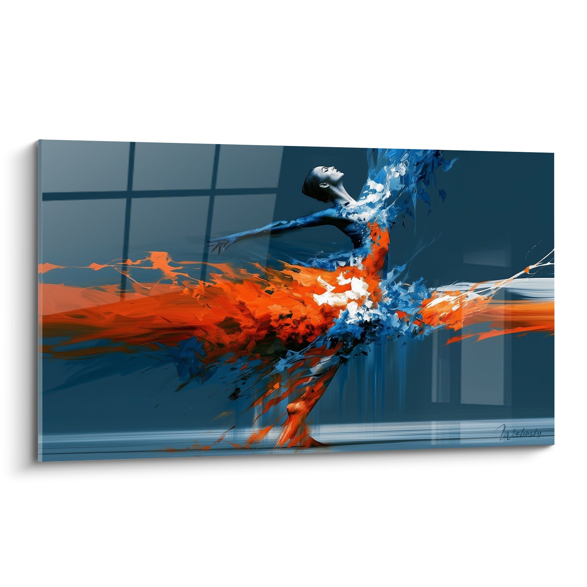 Danseuse abstrait aux voiles bleu marine et orange vif, corps cambré en pleine extension picturale