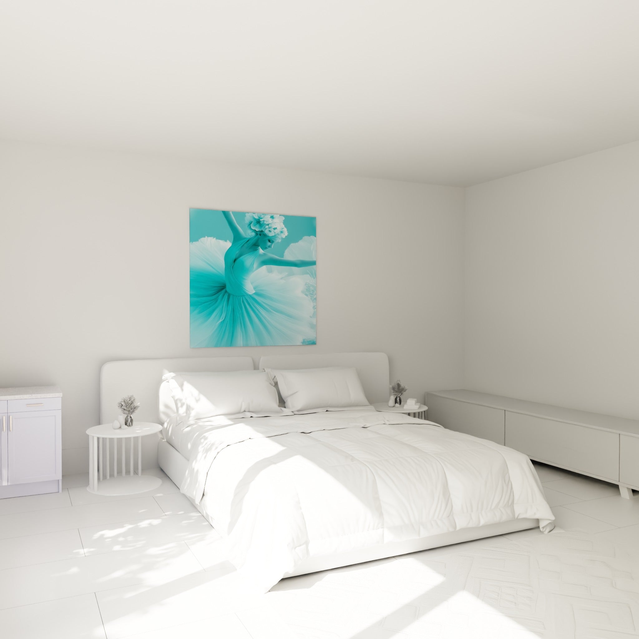 Ballerine turquoise et blanche aux bras levés, tableau danseuse abstrait au-dessus d'un lit dans une chambre claire