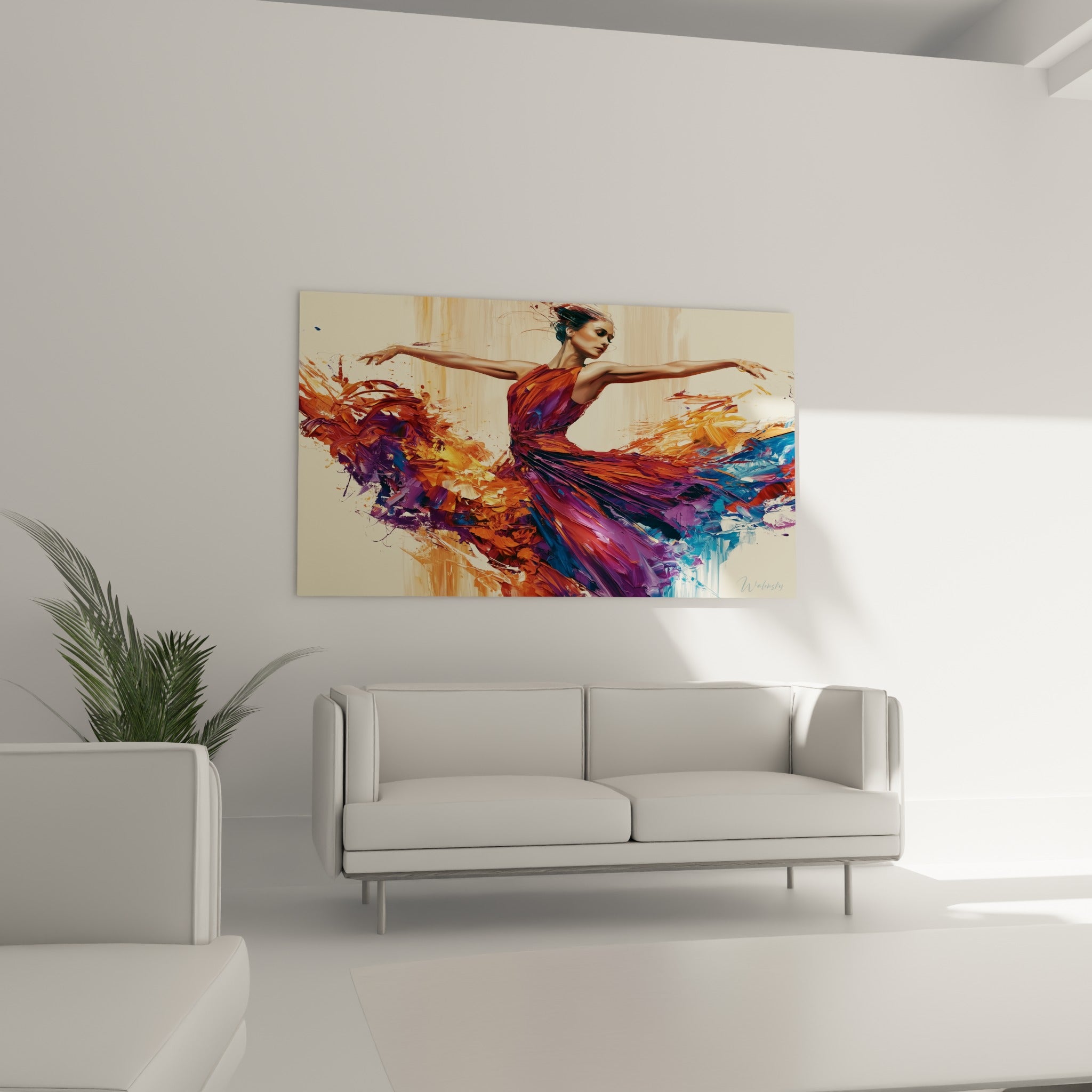 Mouvement de danse peint en orange, violet et bleu pétrole au-dessus d'un canapé dans un salon lumineux