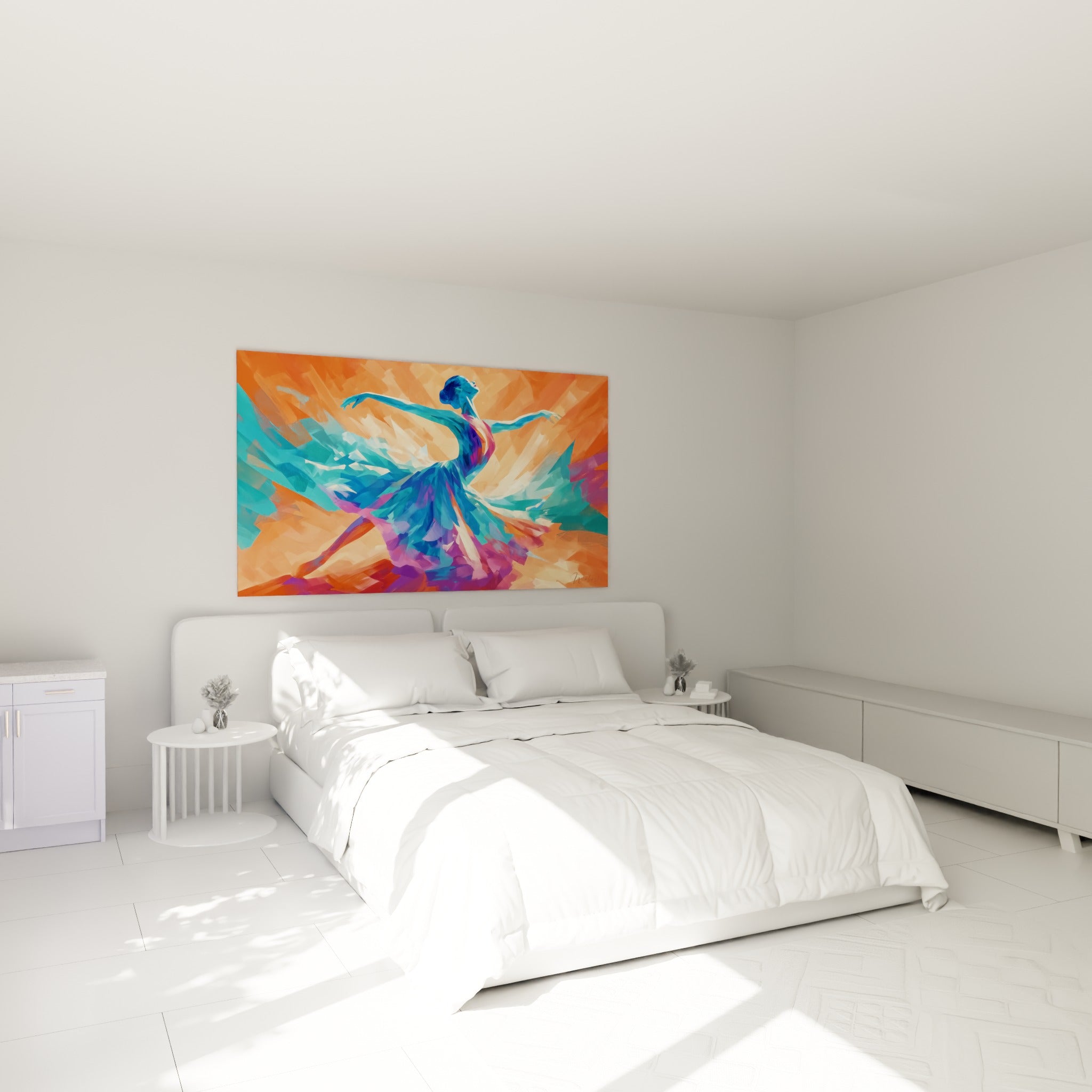 Silhouette bleutée en plein tourbillon sur fond orangé, au-dessus d'un lit dans une chambre claire