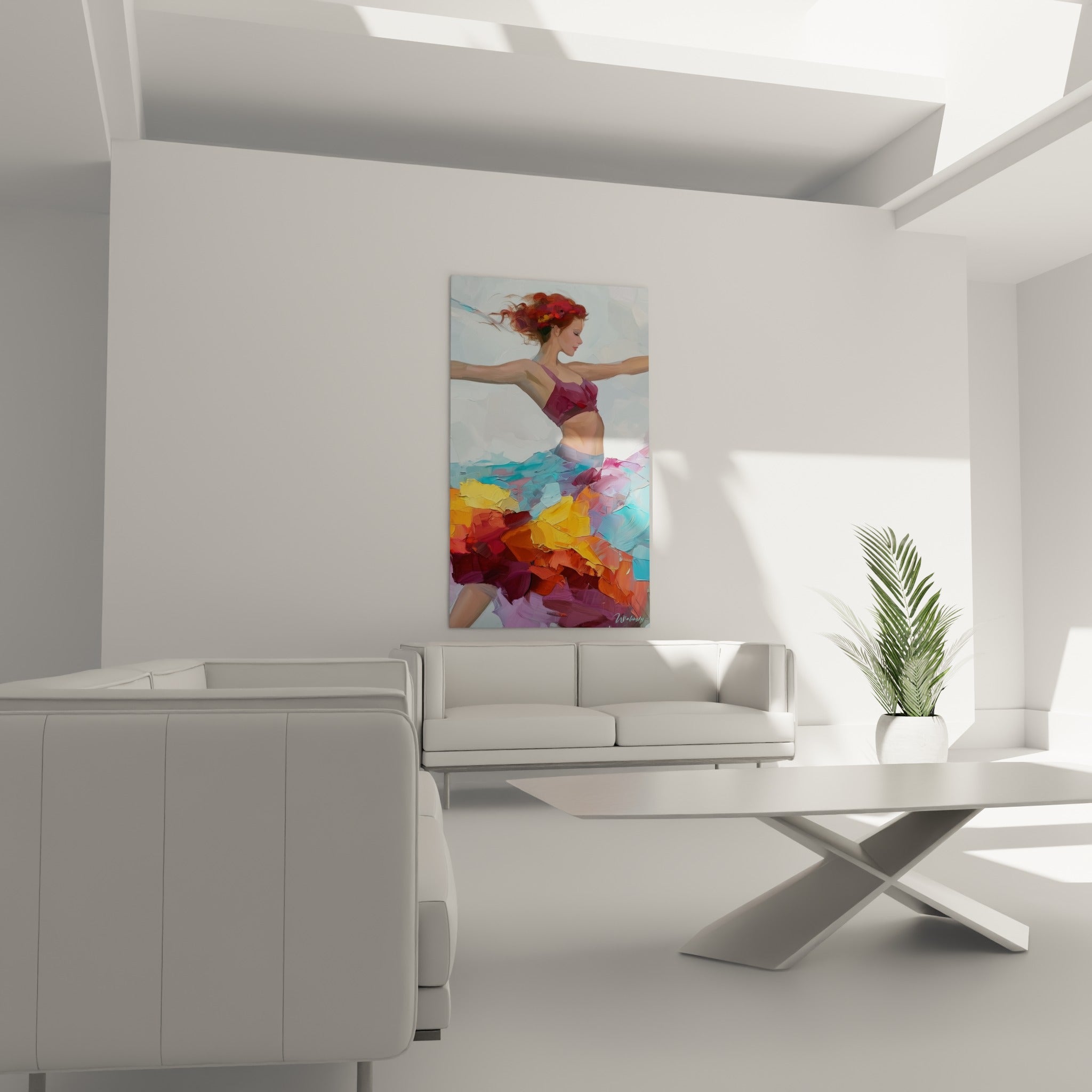 Jupe tourbillonnante orange et bordeaux de la danseuse abstrait au-dessus d'un canapé dans un salon lumineux