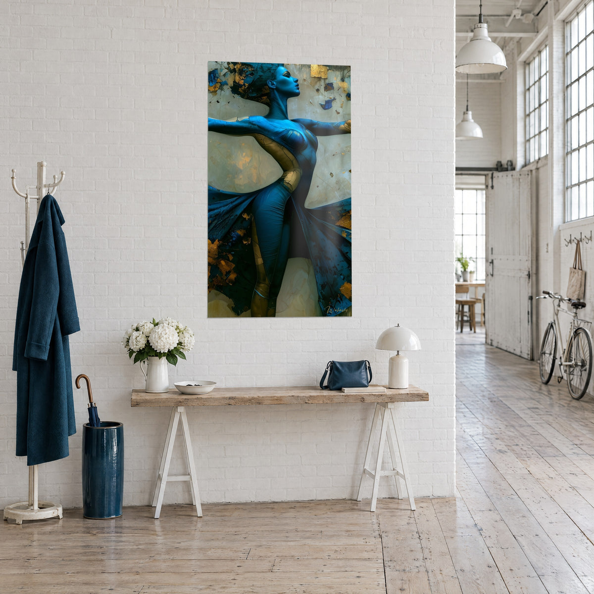 Wall art azure female silhouette with crossed arms, midnight blue drapery and gold accents, on a white wall, artist loft, three-quarter view